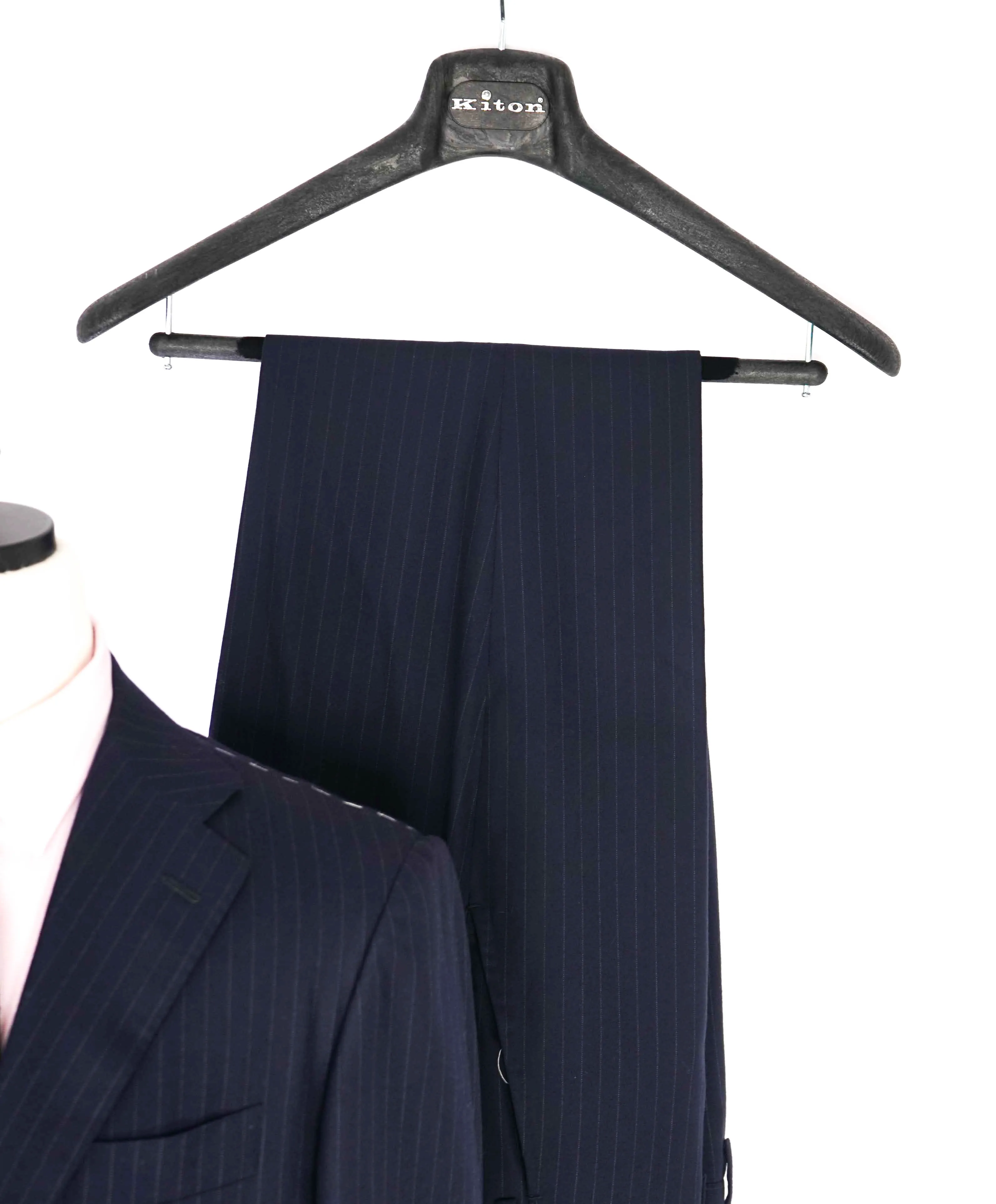 $10,000 KITON - "DIAMANTE BLUE" Iconic Chalk Stripe Navy Suit 2-3 Roll Lapel - 38R