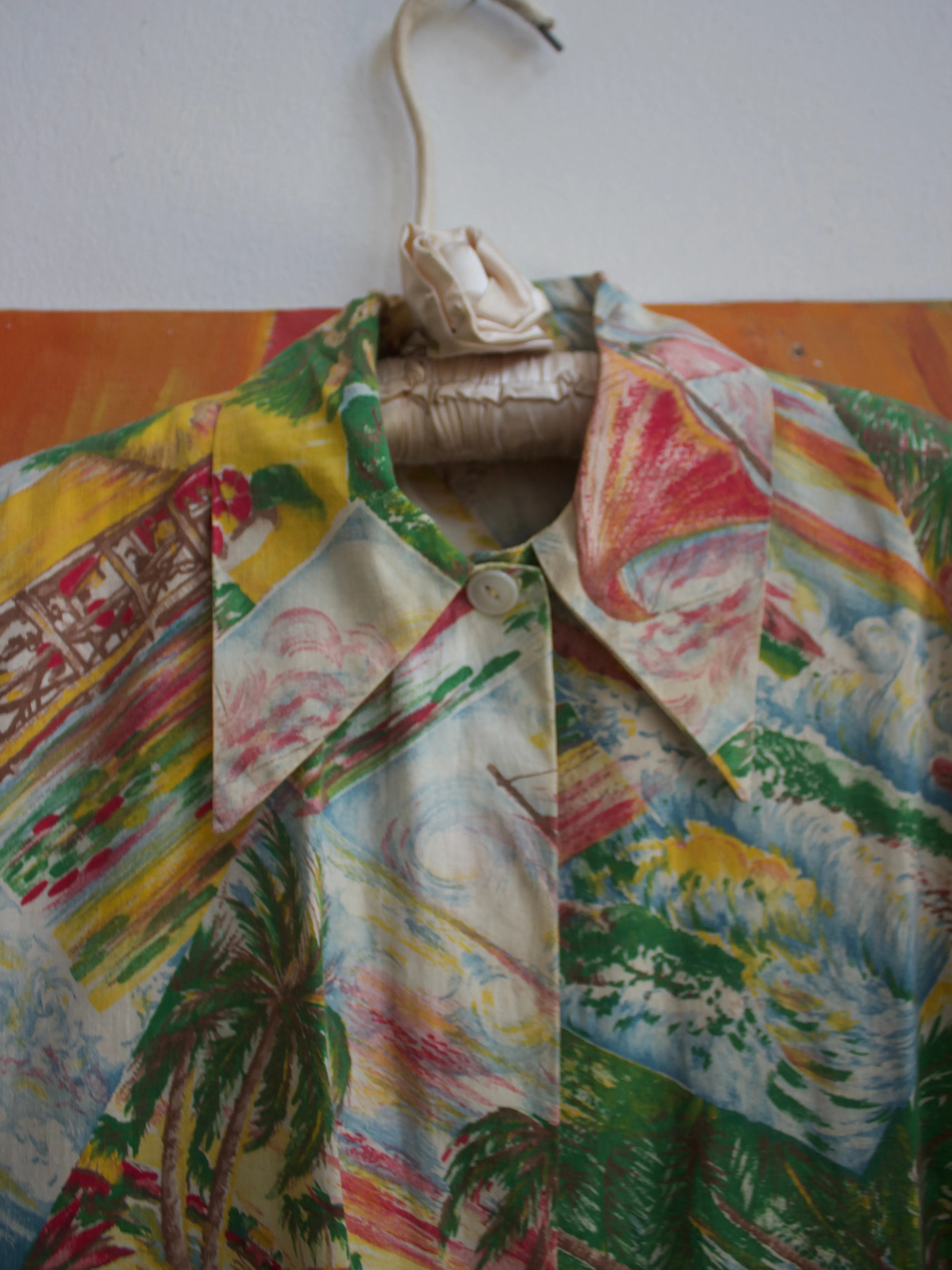 1940s Hawaiiana Dancers Printed Cotton Smock Top