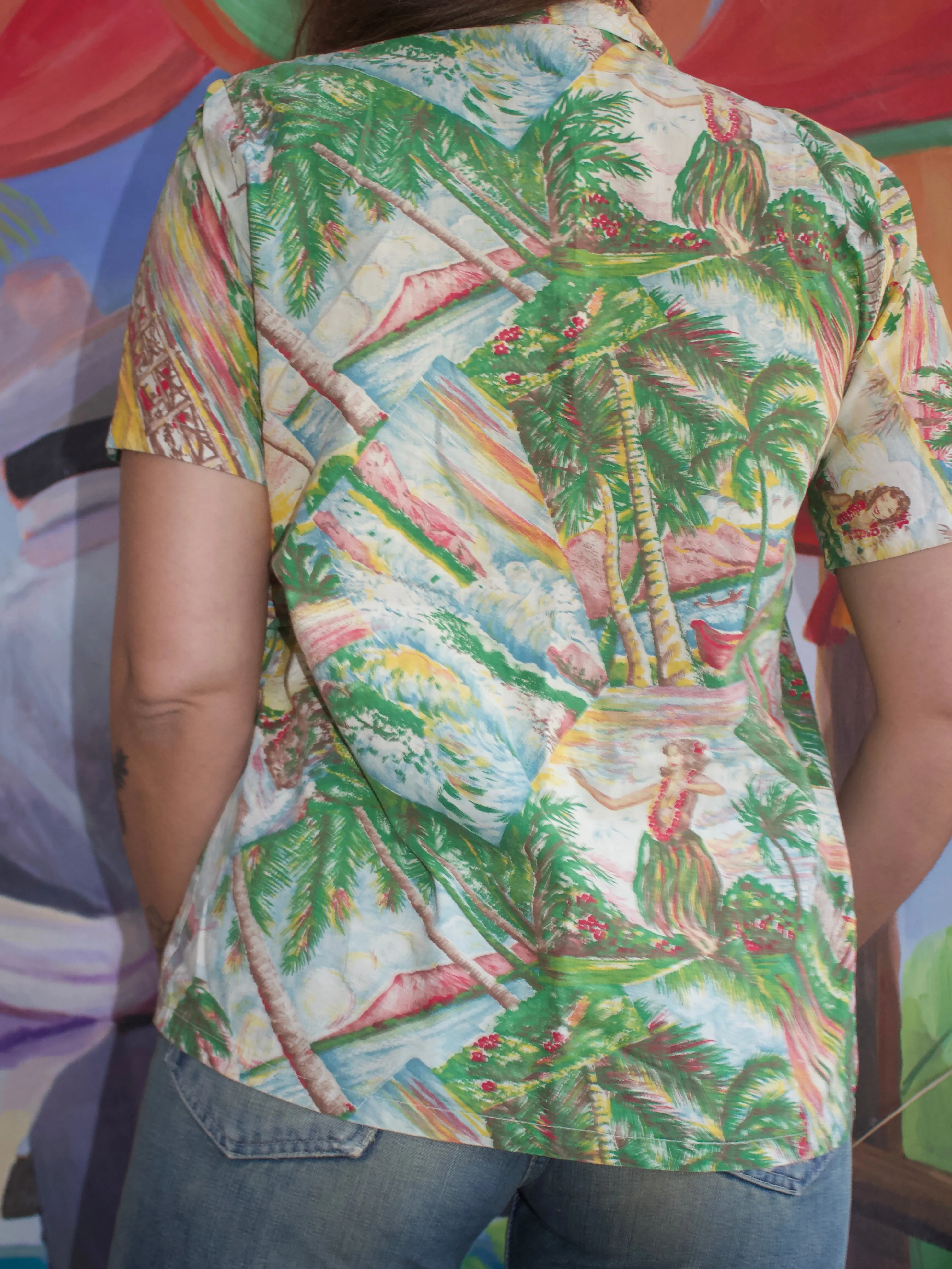 1940s Hawaiiana Dancers Printed Cotton Smock Top