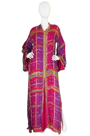 1960s Vivid Pink Silk and Gold Braid Rainbow Caftan