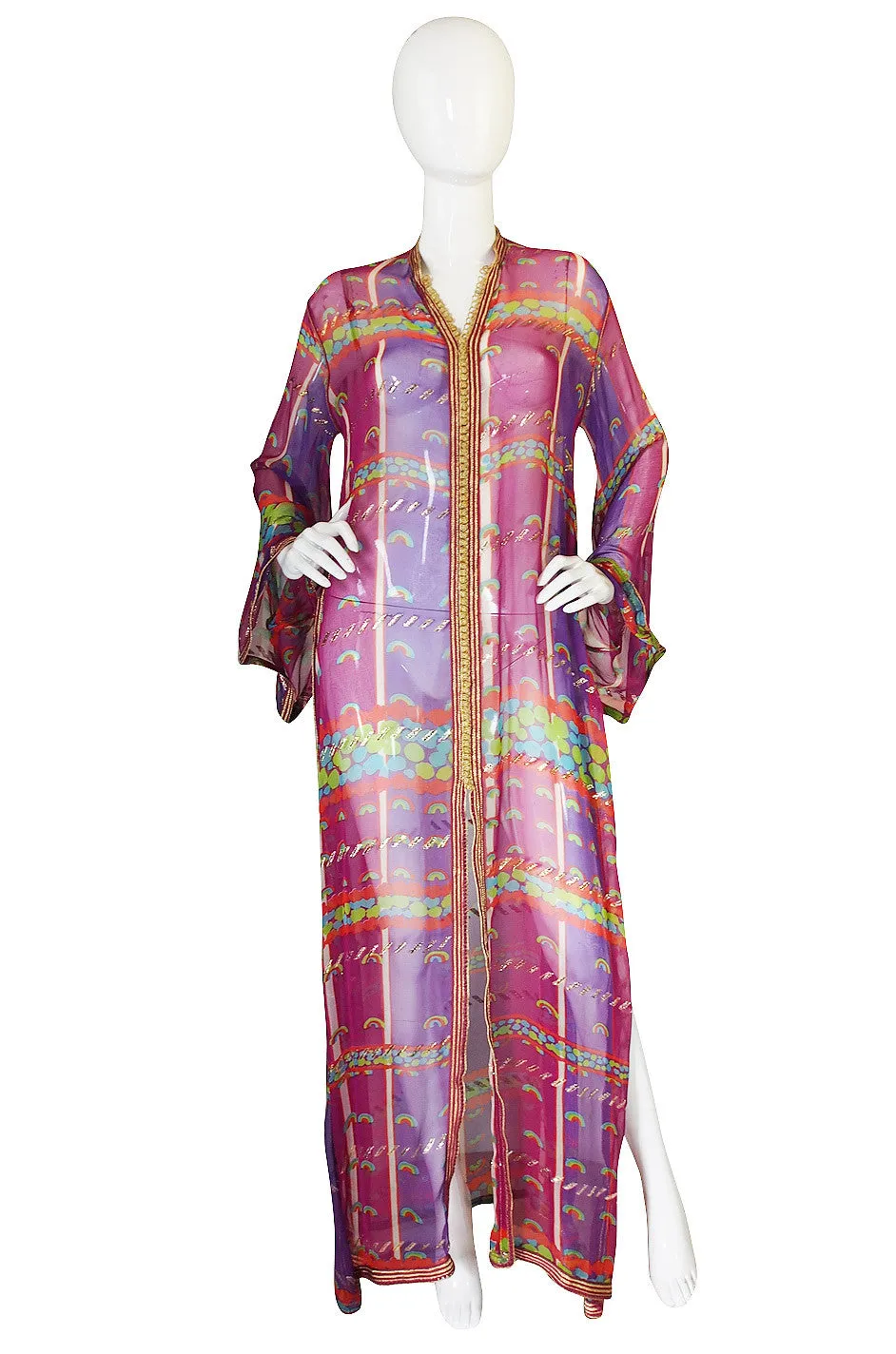 1960s Vivid Pink Silk and Gold Braid Rainbow Caftan