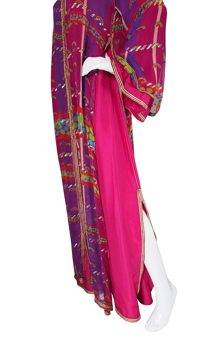 1960s Vivid Pink Silk and Gold Braid Rainbow Caftan