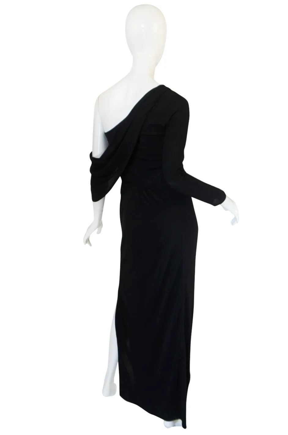 1970s One Shoulder Black Jersey John Anthony Dress