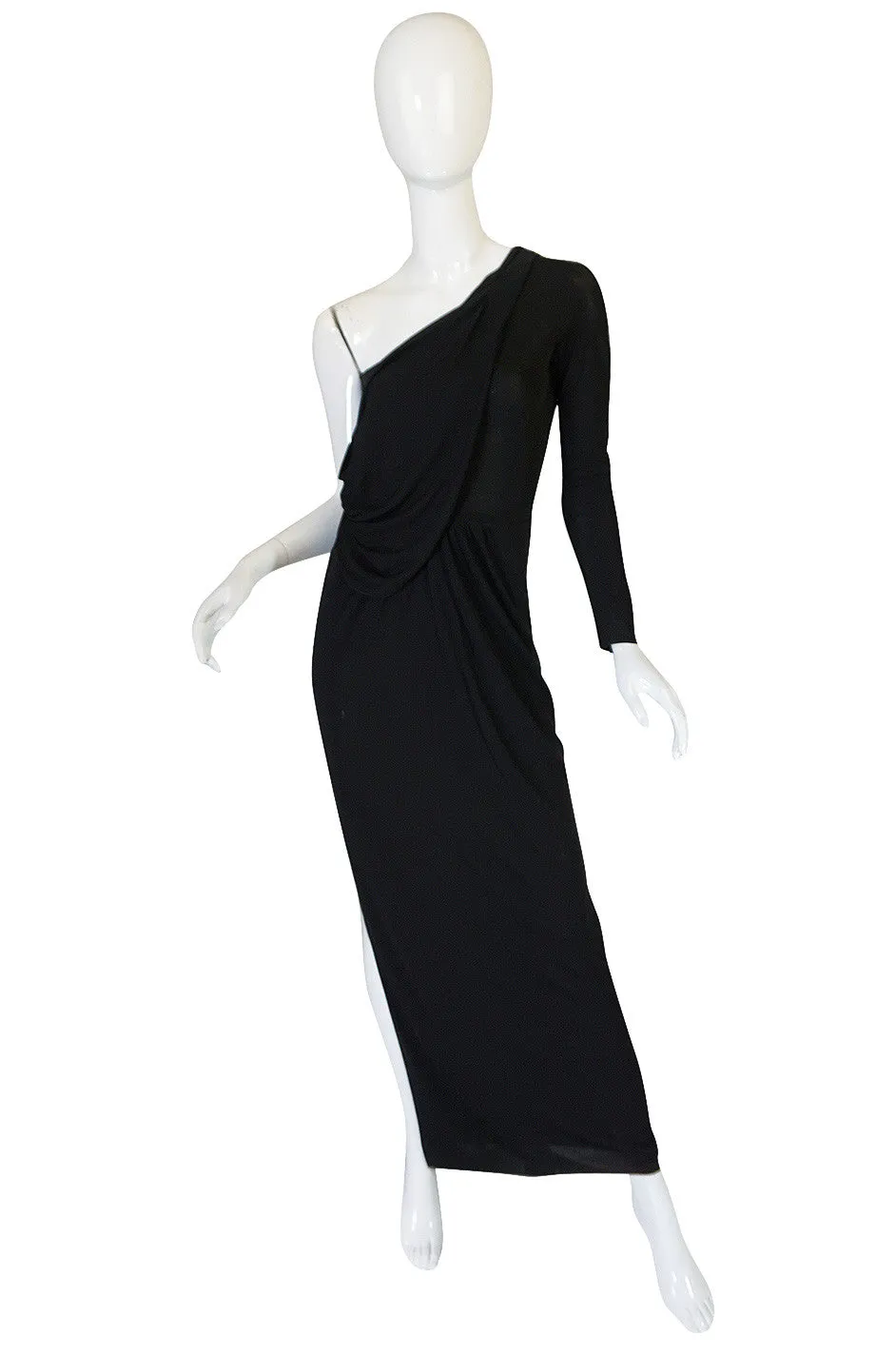 1970s One Shoulder Black Jersey John Anthony Dress