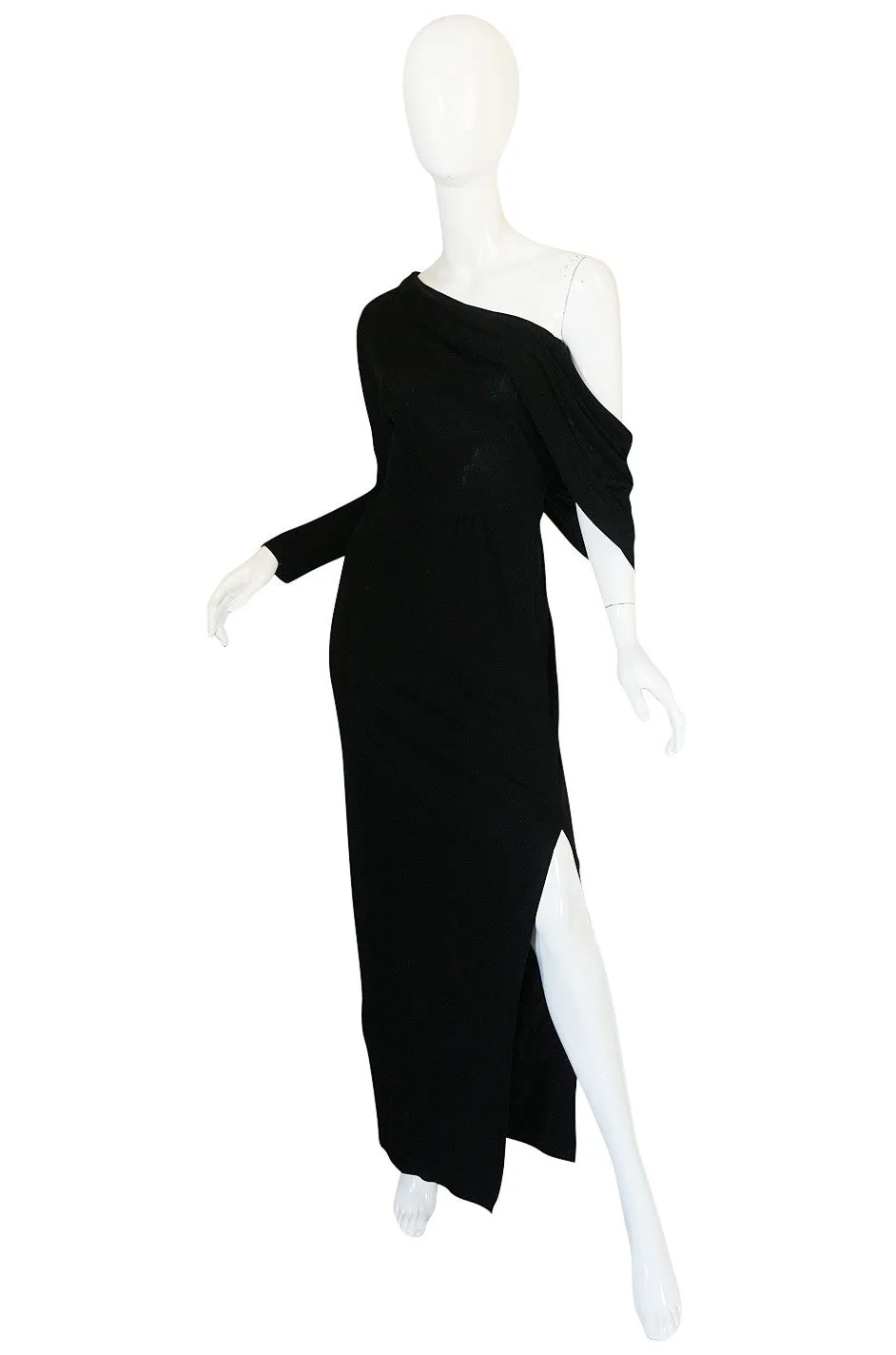 1970s One Shoulder Black Jersey John Anthony Dress