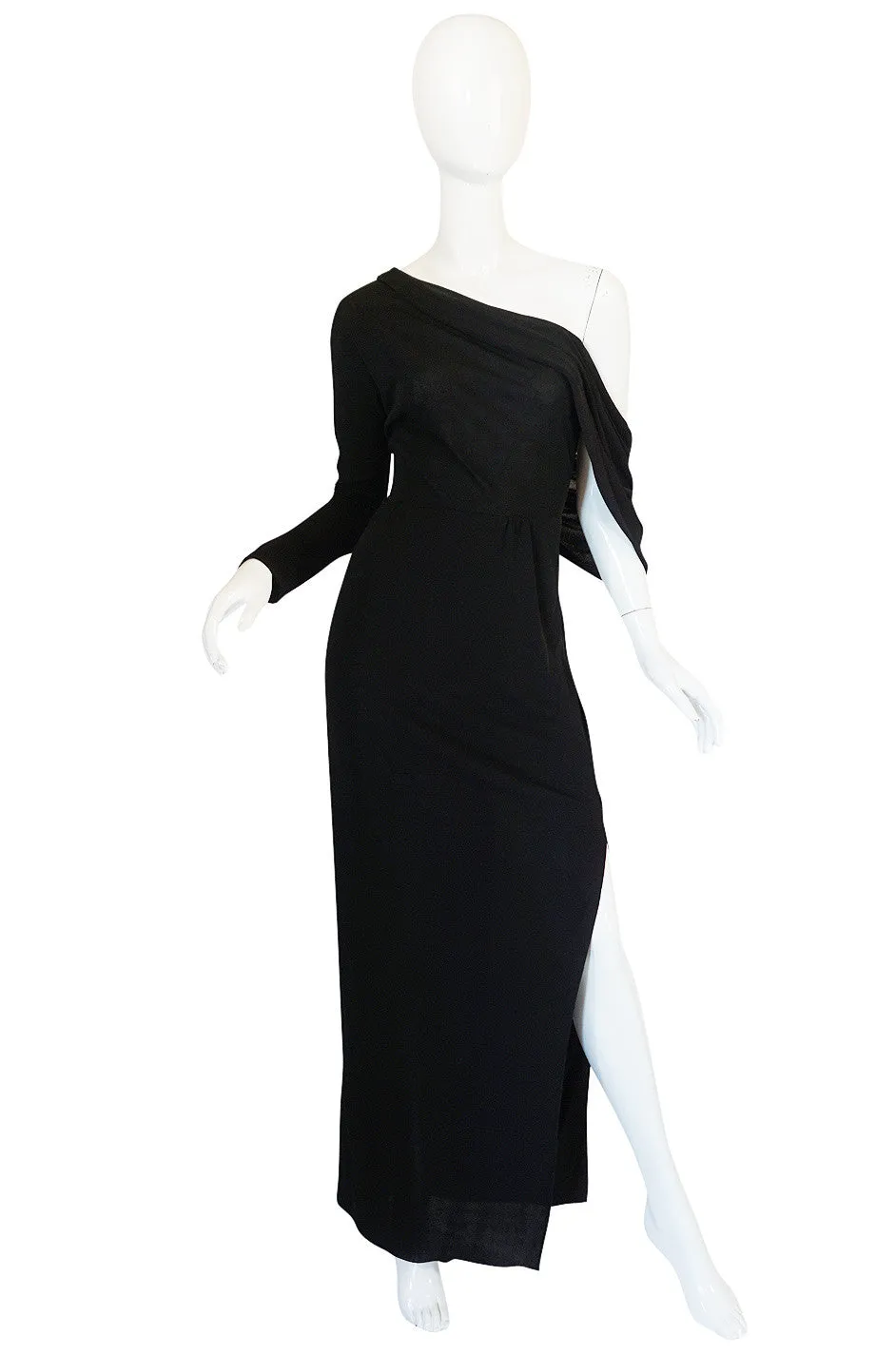 1970s One Shoulder Black Jersey John Anthony Dress