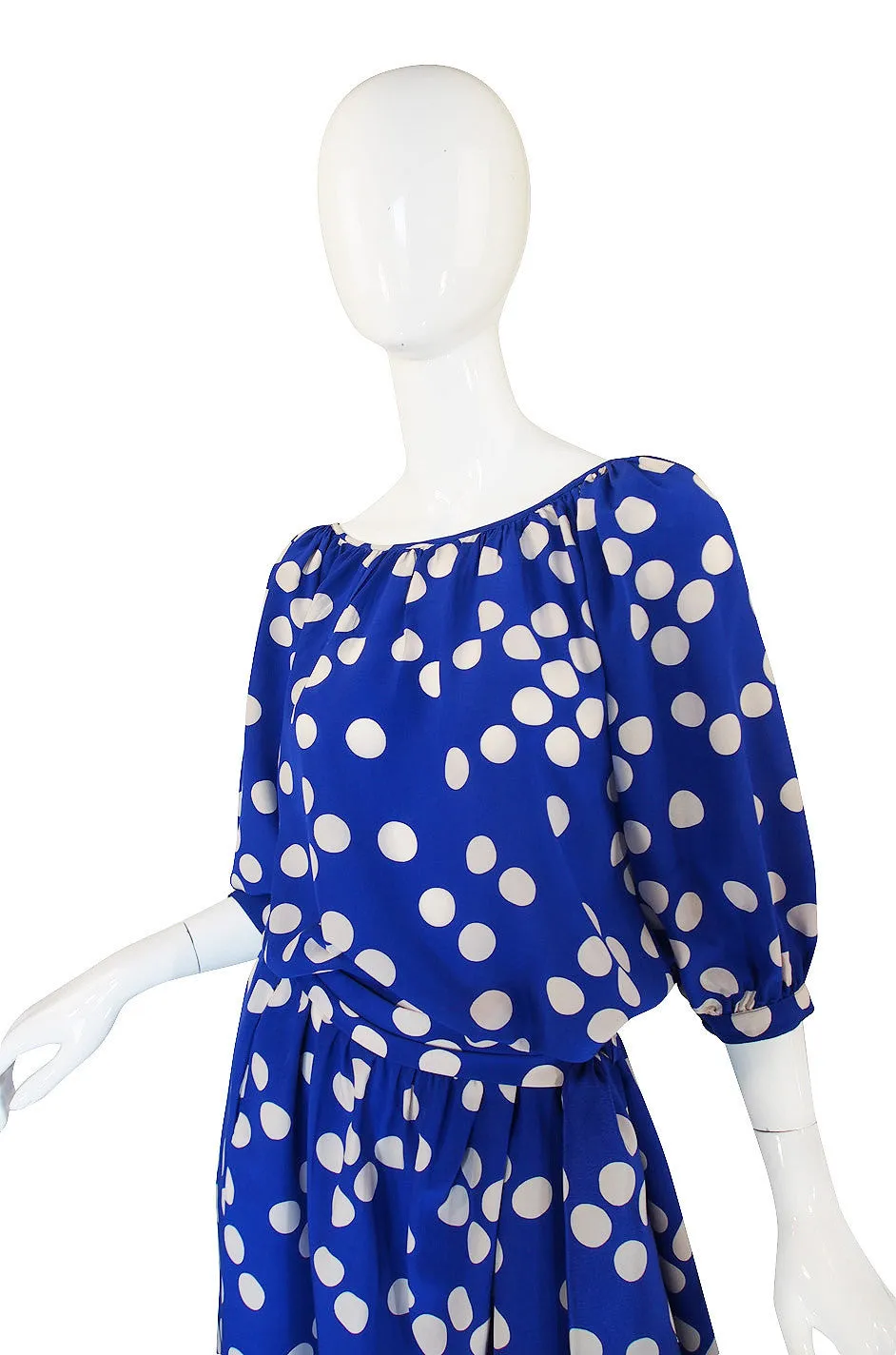 1970s Ted Lapidus Blue Silk Dot Dress