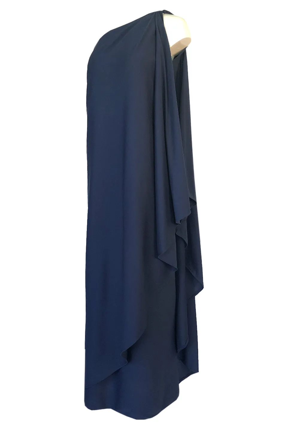 1978 Halston Deep Blue One Shoulder Draped Jersey Maxi Dress