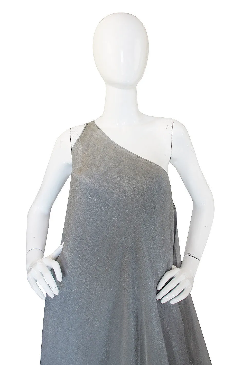 1980s Donna Karan Silver One Shoulder Gown