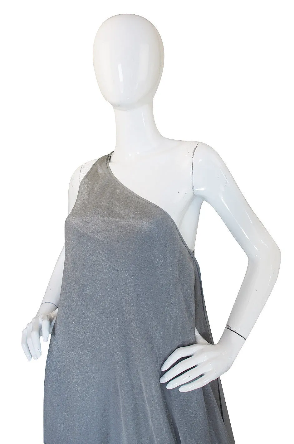 1980s Donna Karan Silver One Shoulder Gown