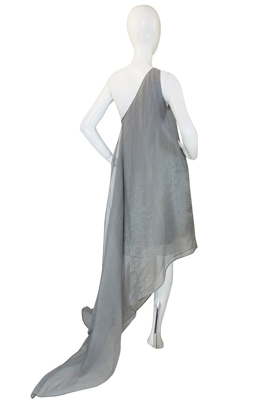 1980s Donna Karan Silver One Shoulder Gown