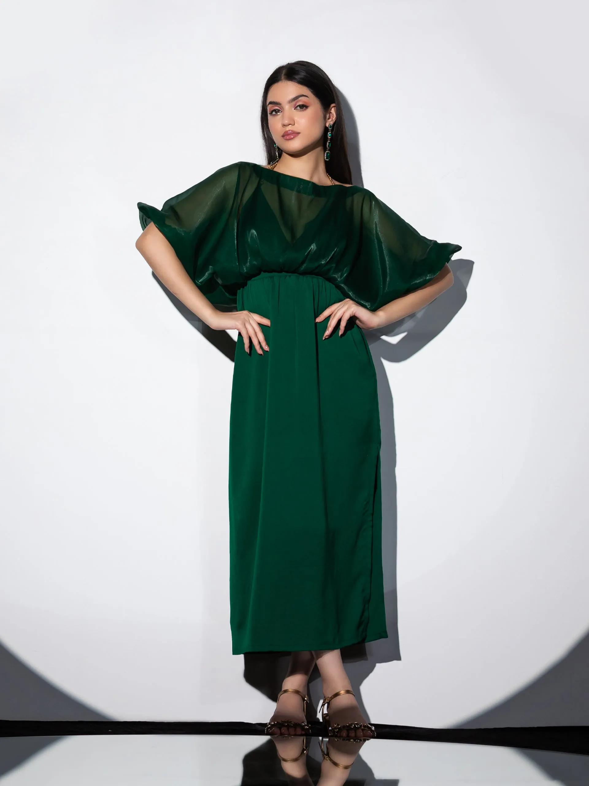 2pcs. Set| Metal Strap Korean Emerald Dress with Satin Organza Cape