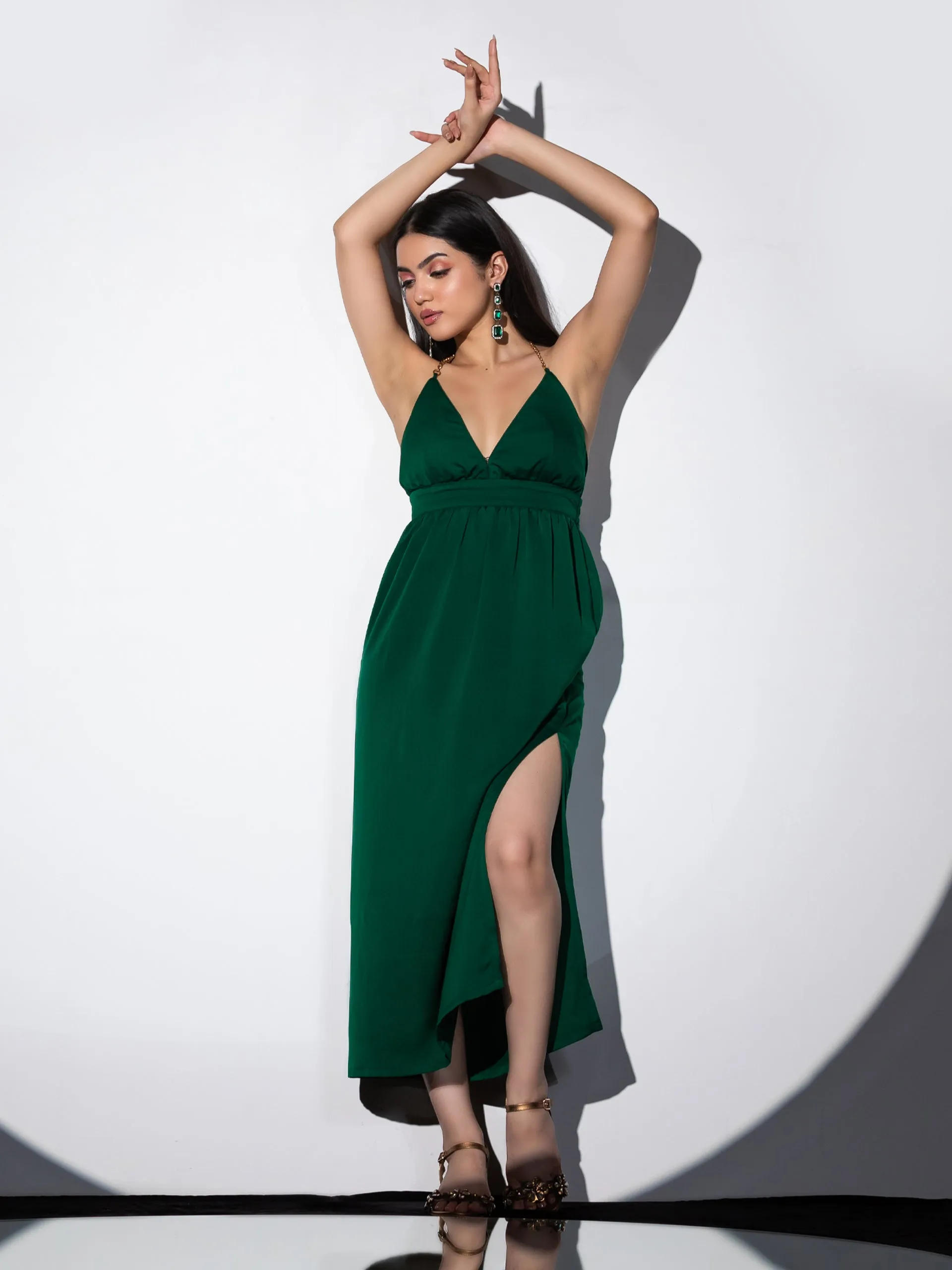 2pcs. Set| Metal Strap Korean Emerald Dress with Satin Organza Cape