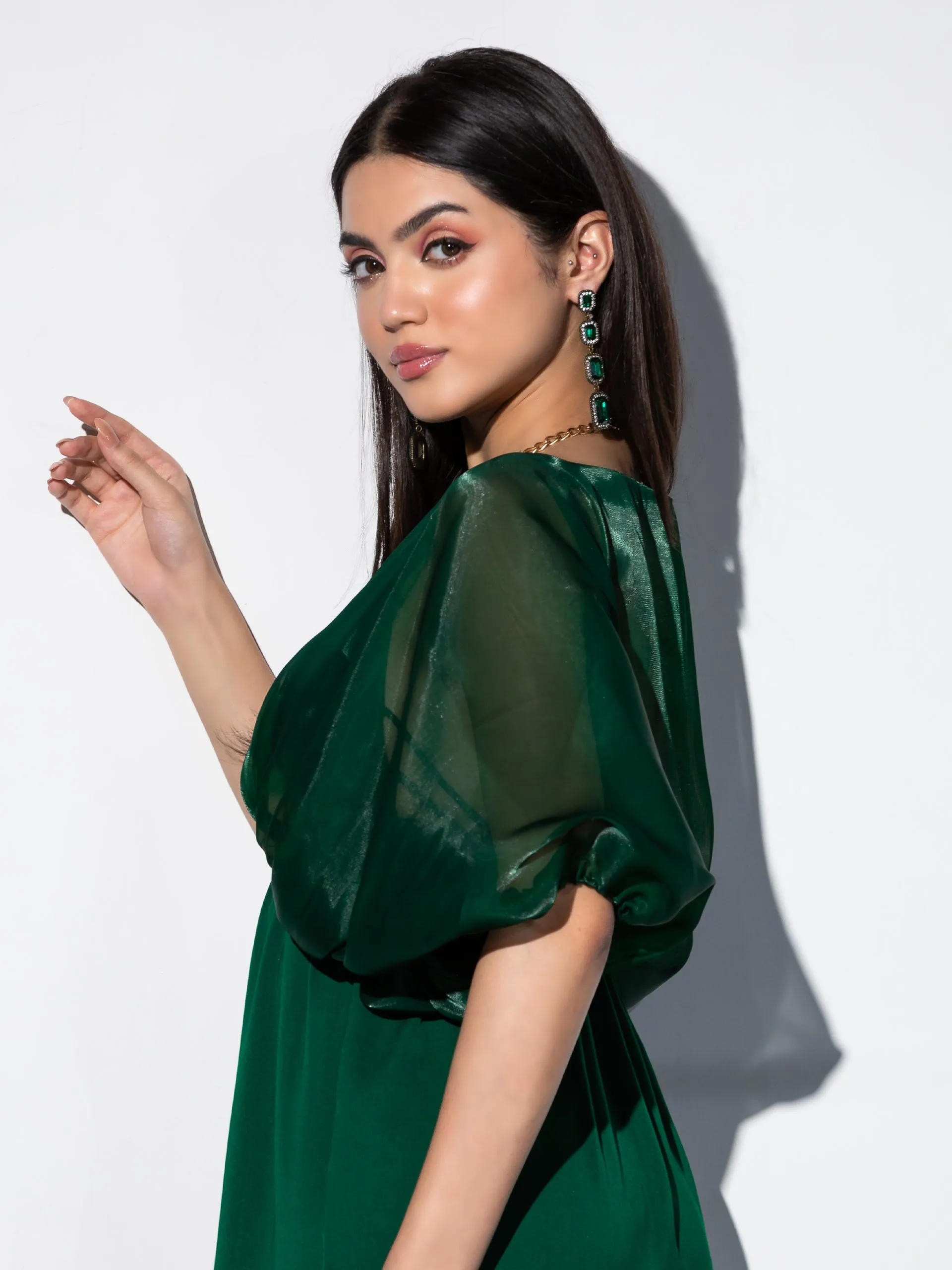 2pcs. Set| Metal Strap Korean Emerald Dress with Satin Organza Cape