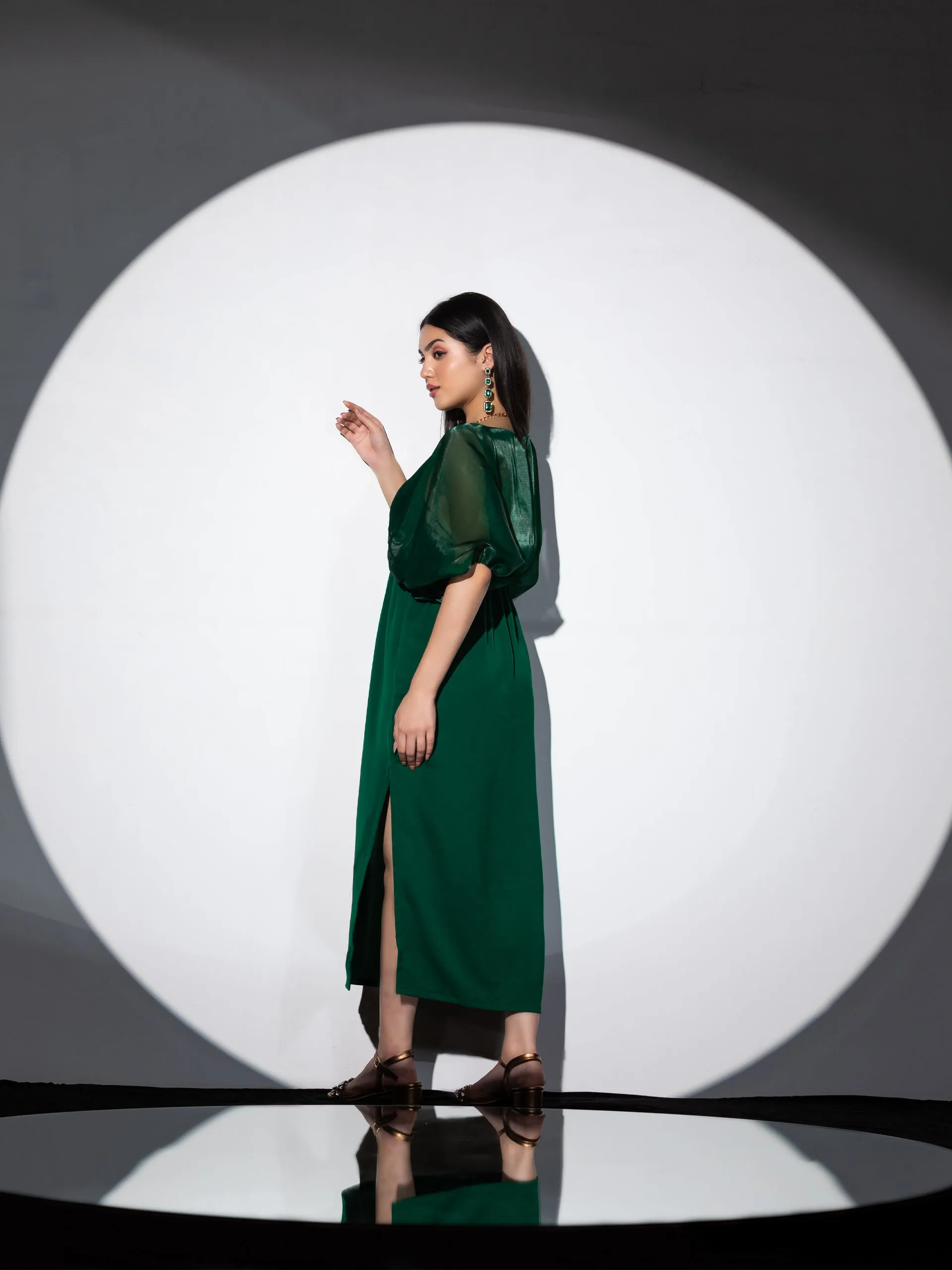 2pcs. Set| Metal Strap Korean Emerald Dress with Satin Organza Cape