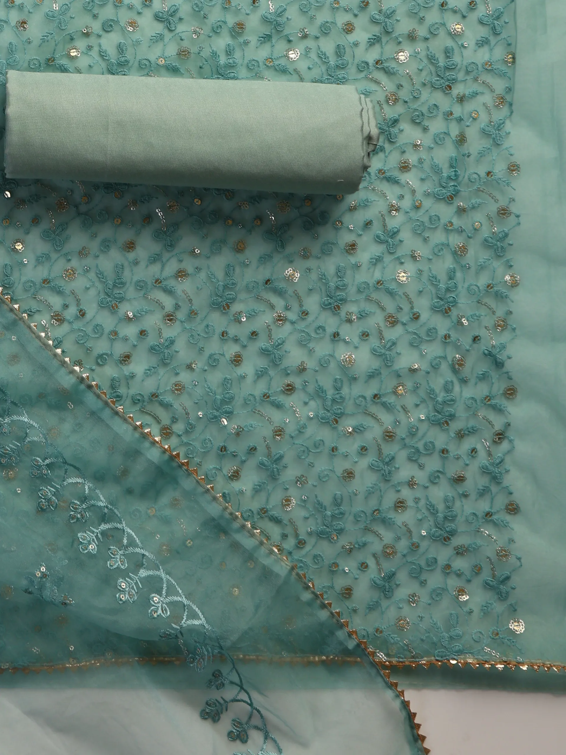 3 Pc SET - Blue Beaded and Embroidered Organza Kurta With Dupatta and Cotton Pyjama