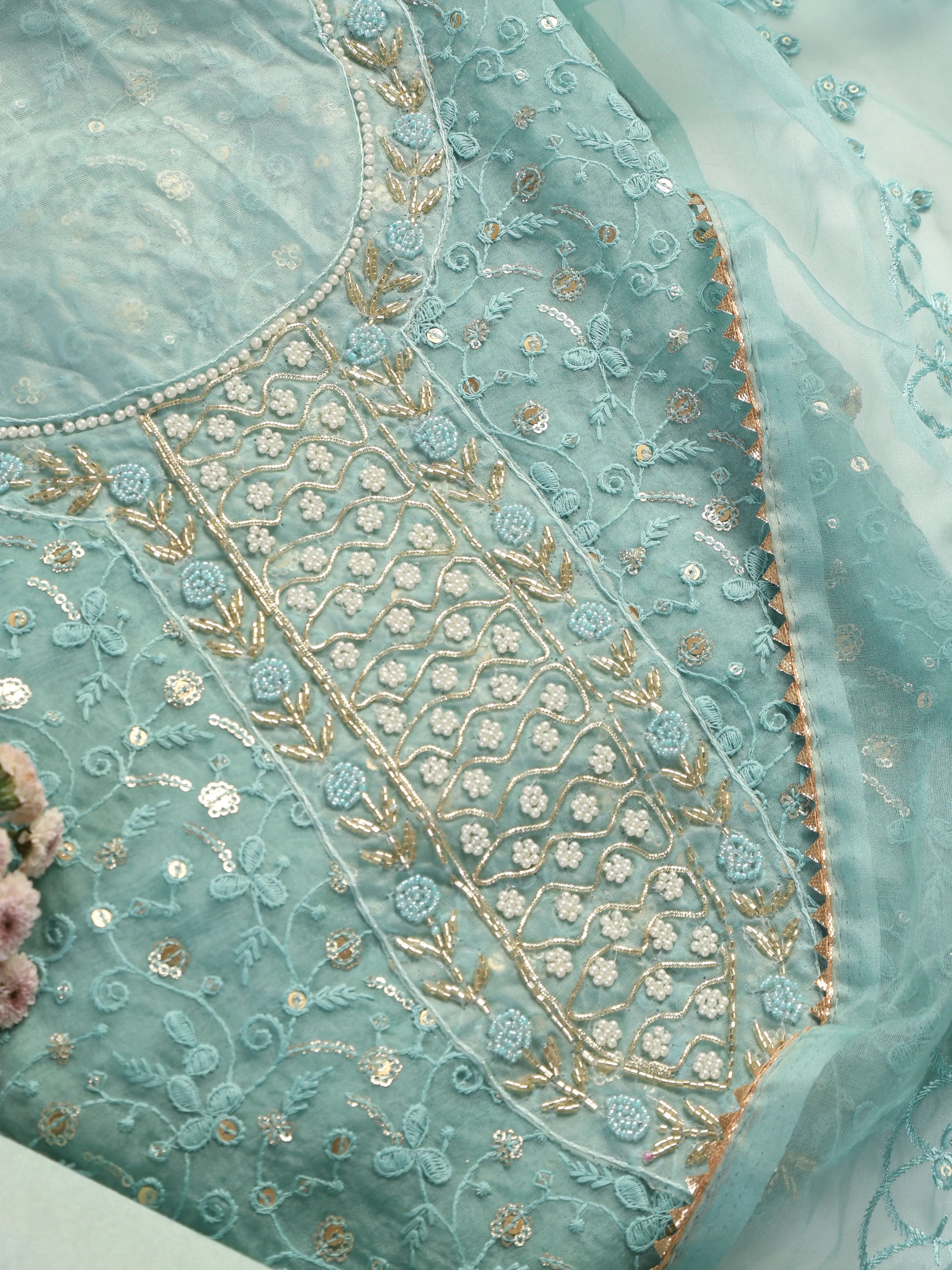 3 Pc SET - Blue Beaded and Embroidered Organza Kurta With Dupatta and Cotton Pyjama