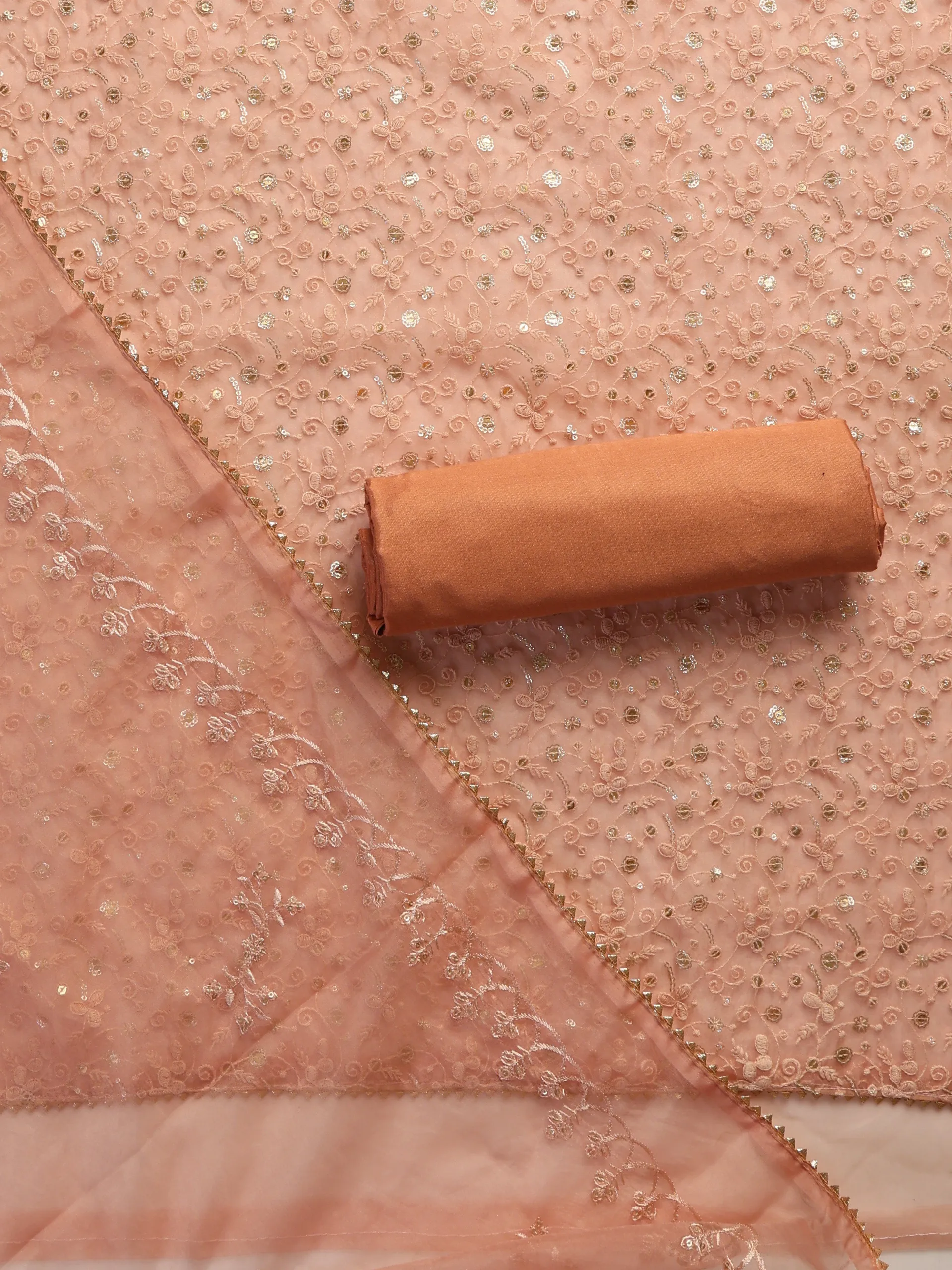 3 Pc SET -Dusty Pink Beaded and Embroidered Organza Kurta With Dupatta and Cotton Pyjama
