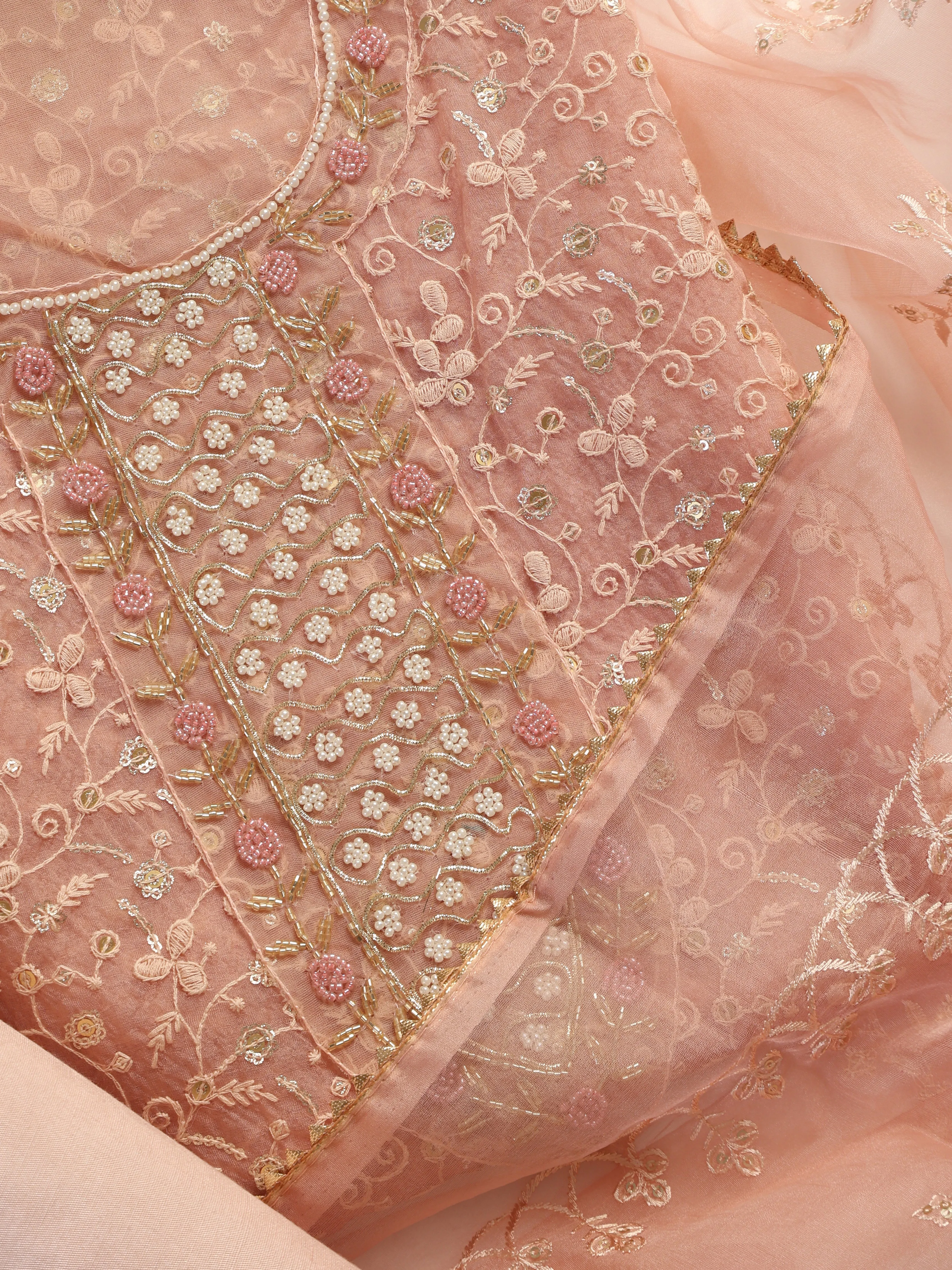 3 Pc SET -Dusty Pink Beaded and Embroidered Organza Kurta With Dupatta and Cotton Pyjama