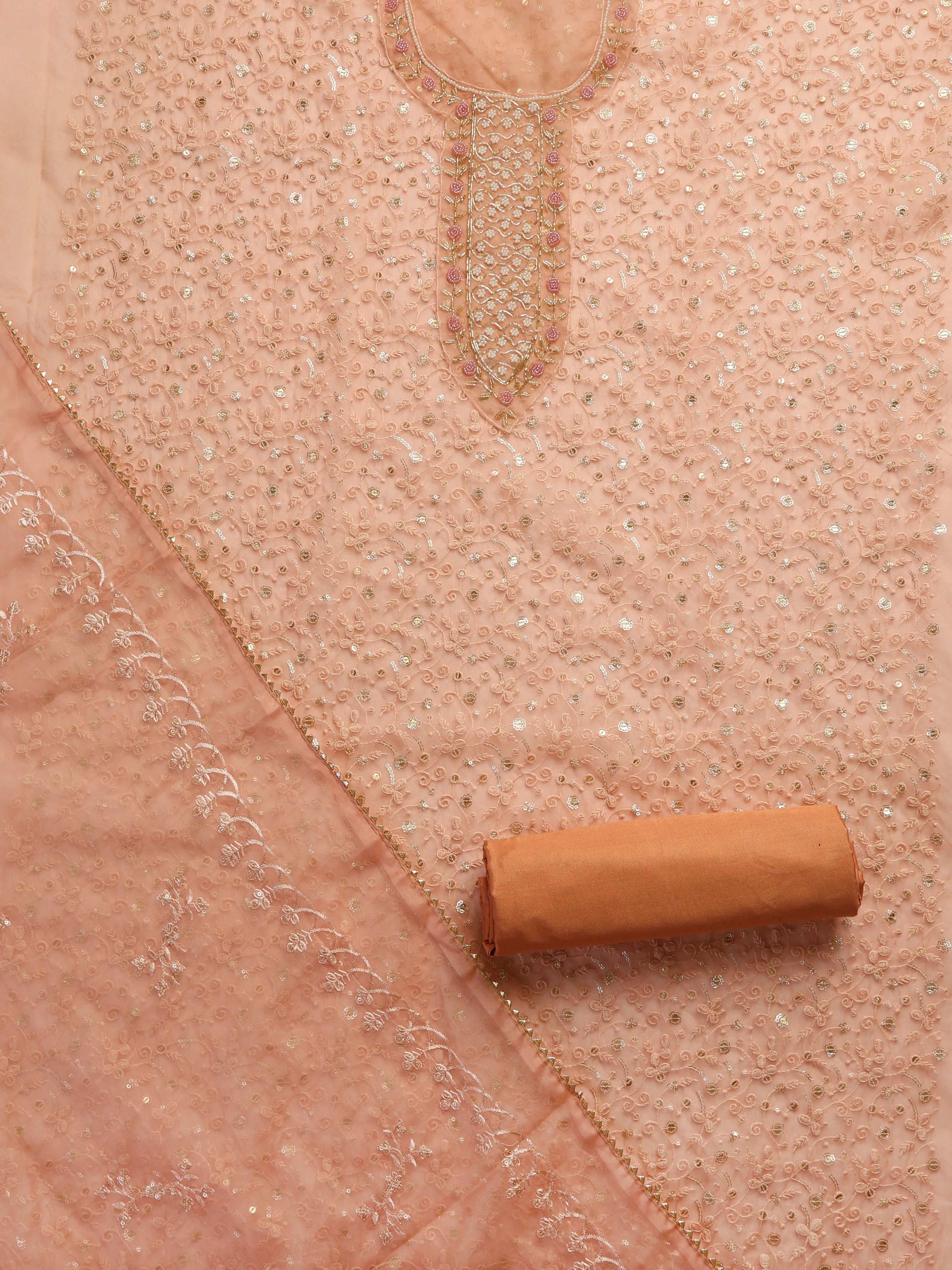 3 Pc SET -Dusty Pink Beaded and Embroidered Organza Kurta With Dupatta and Cotton Pyjama