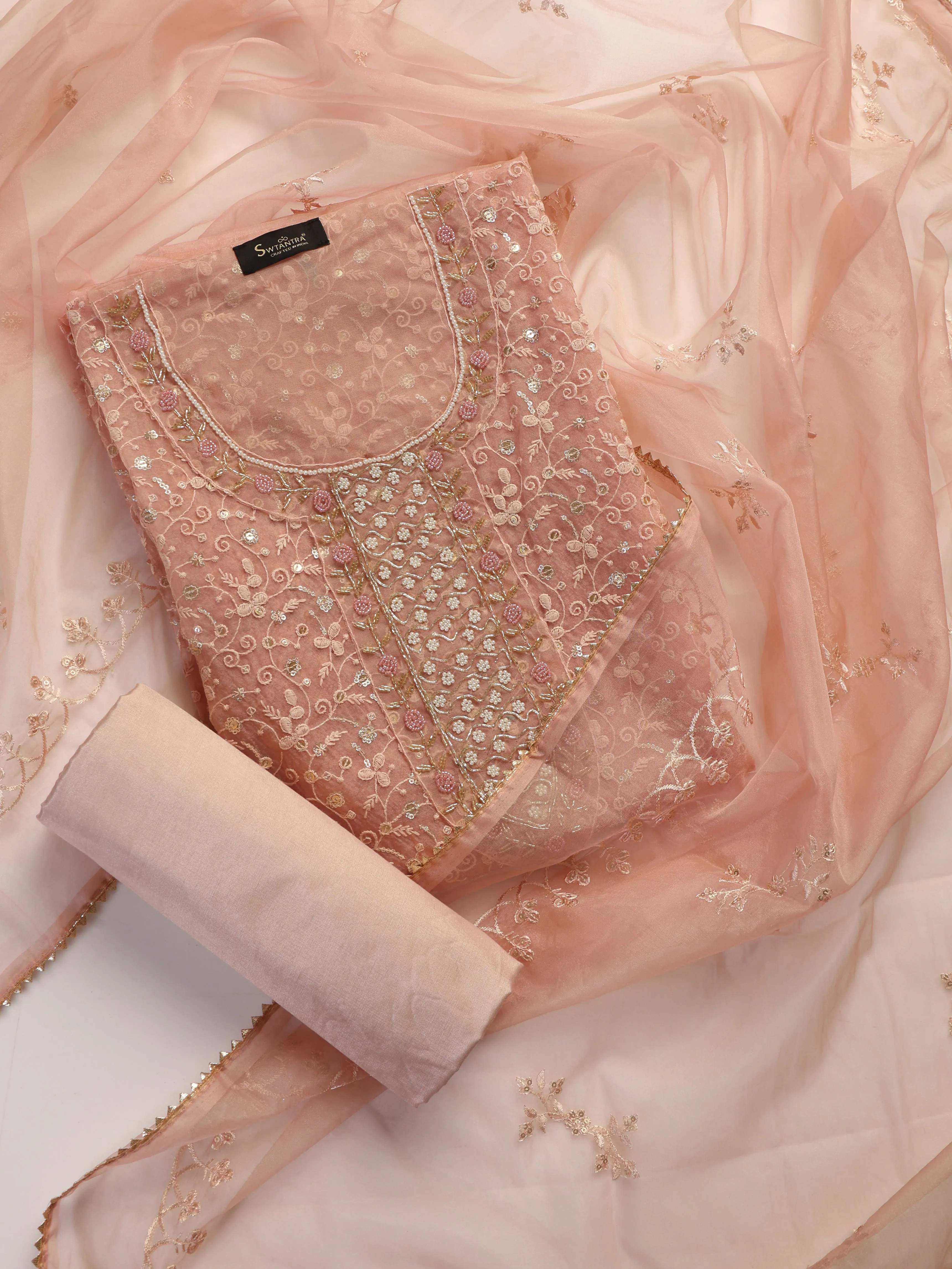 3 Pc SET -Dusty Pink Beaded and Embroidered Organza Kurta With Dupatta and Cotton Pyjama