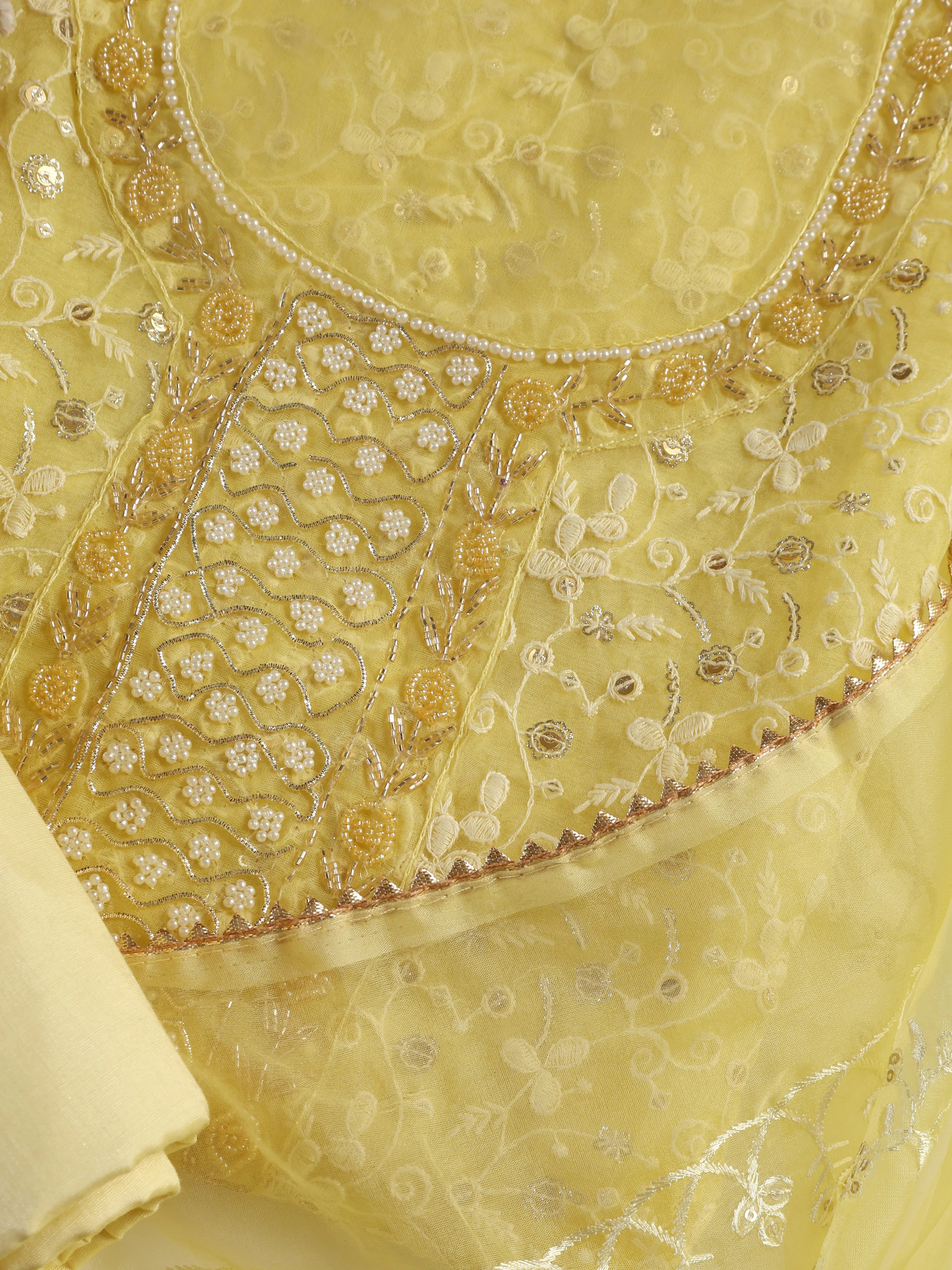3 Pc SET - Lemon Beaded and Embroidered Organza Kurta With Dupatta and Cotton Pyjama