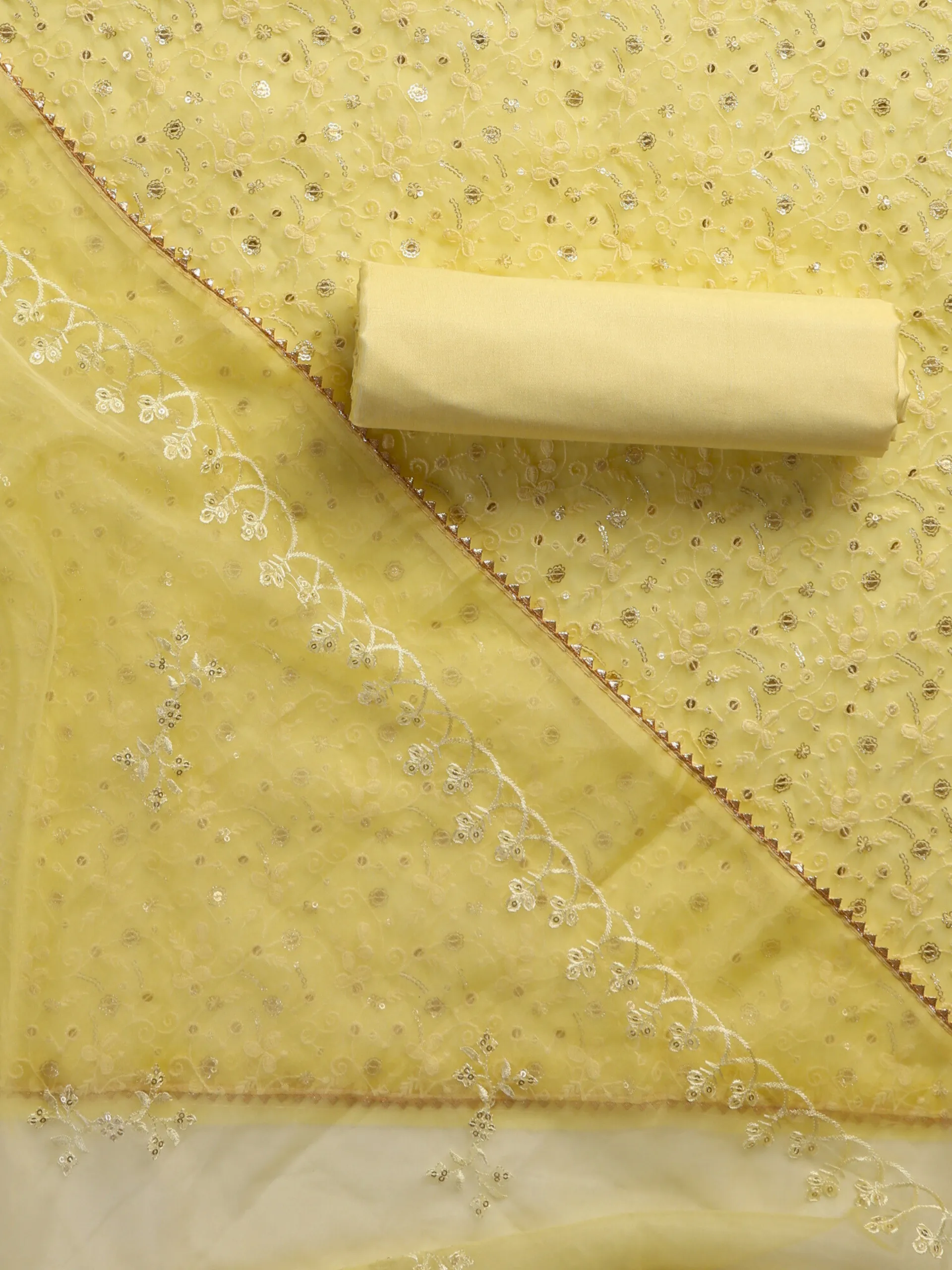 3 Pc SET - Lemon Beaded and Embroidered Organza Kurta With Dupatta and Cotton Pyjama