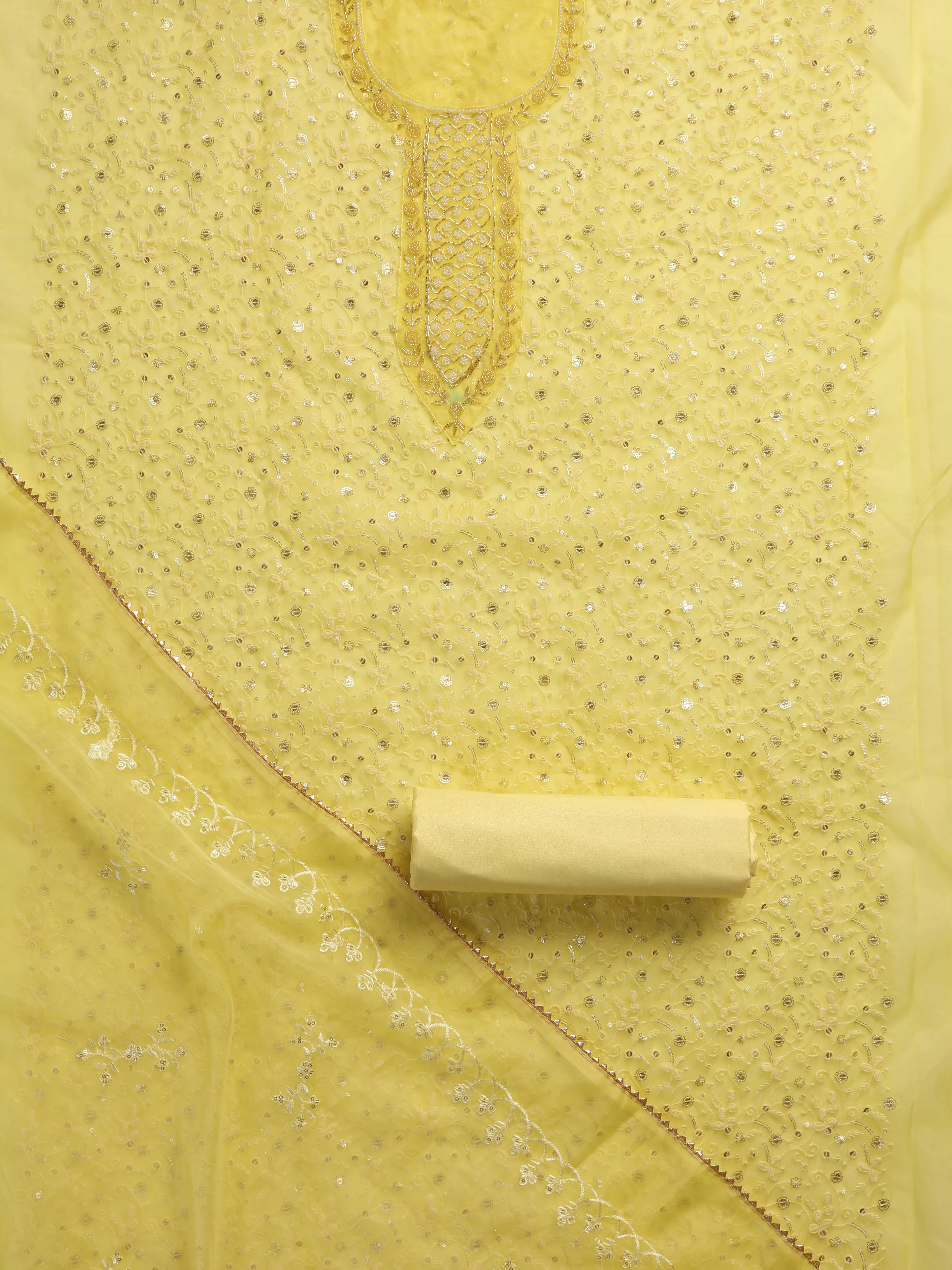 3 Pc SET - Lemon Beaded and Embroidered Organza Kurta With Dupatta and Cotton Pyjama