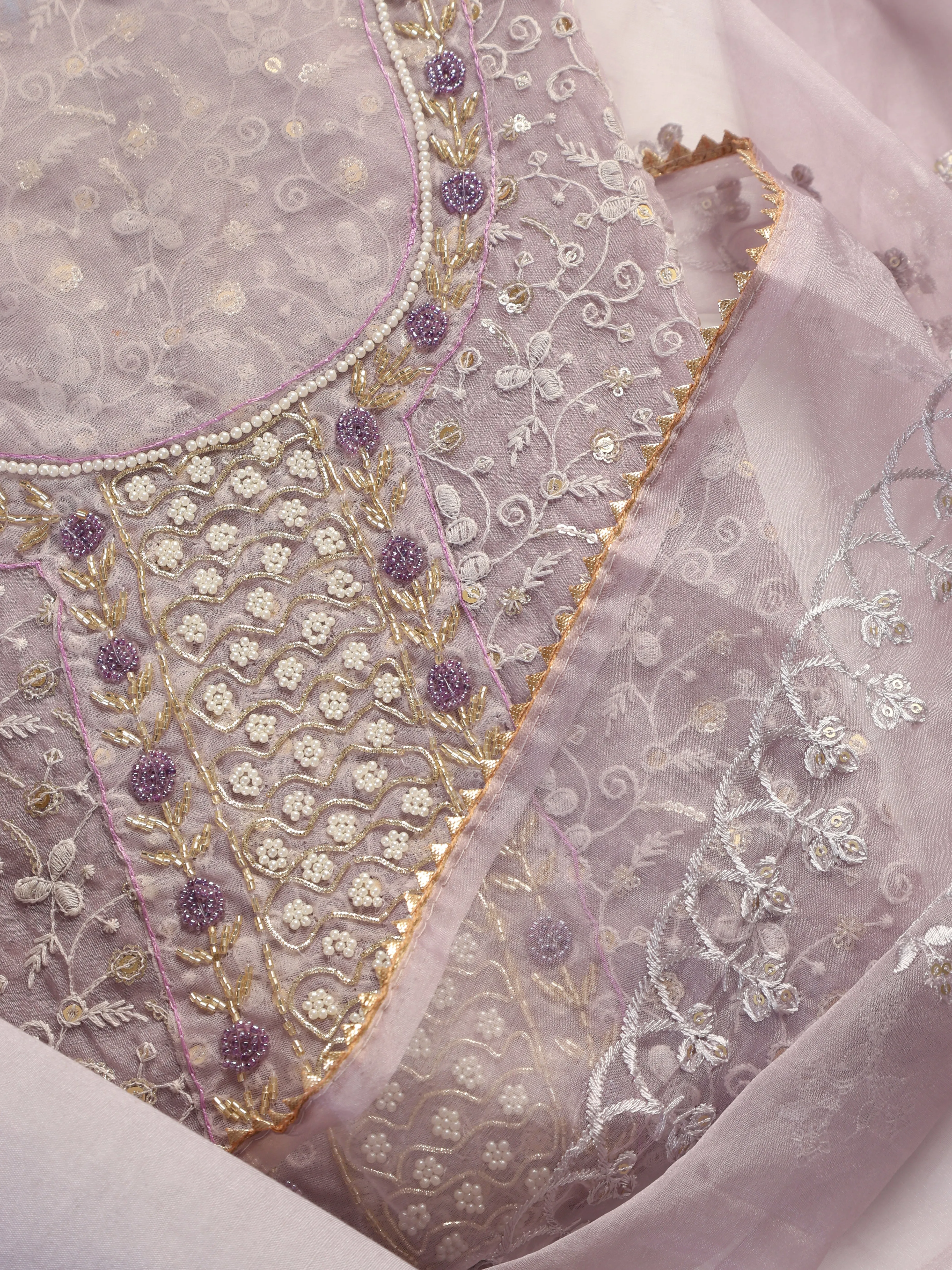 3 Pc SET -Lilac Beaded and Embroidered Organza Kurta With Dupatta and Cotton Pyjama