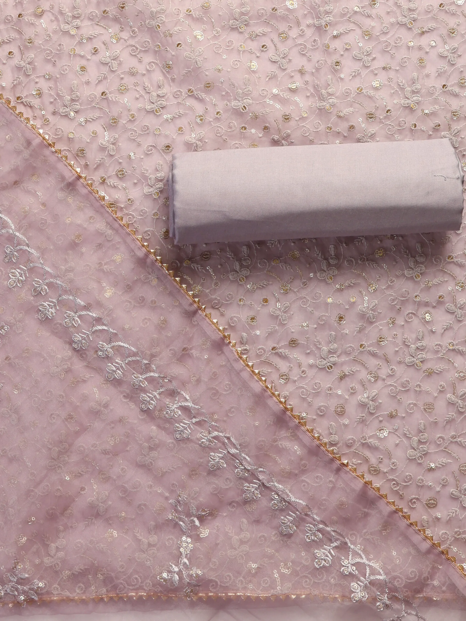 3 Pc SET -Lilac Beaded and Embroidered Organza Kurta With Dupatta and Cotton Pyjama