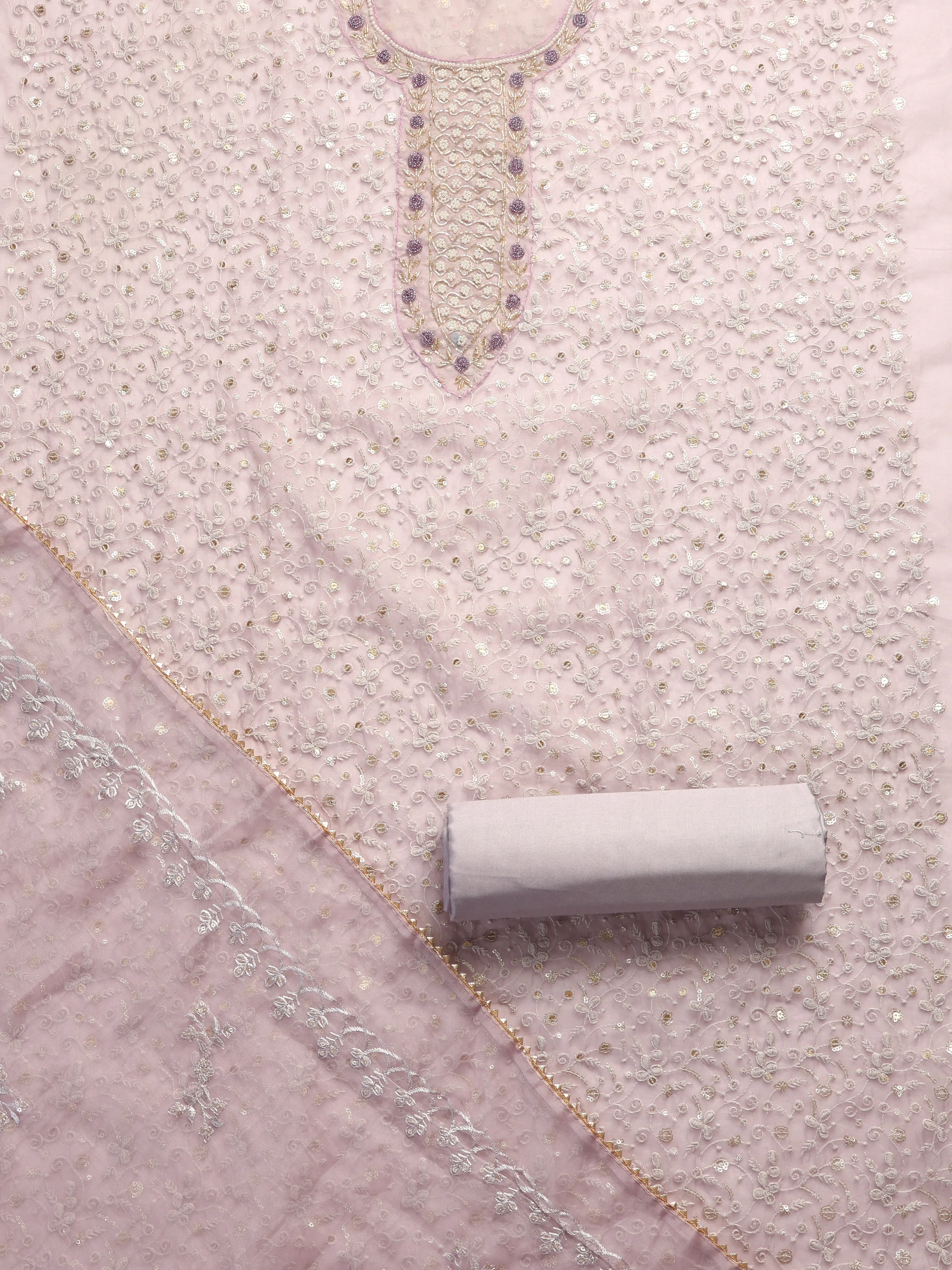 3 Pc SET -Lilac Beaded and Embroidered Organza Kurta With Dupatta and Cotton Pyjama