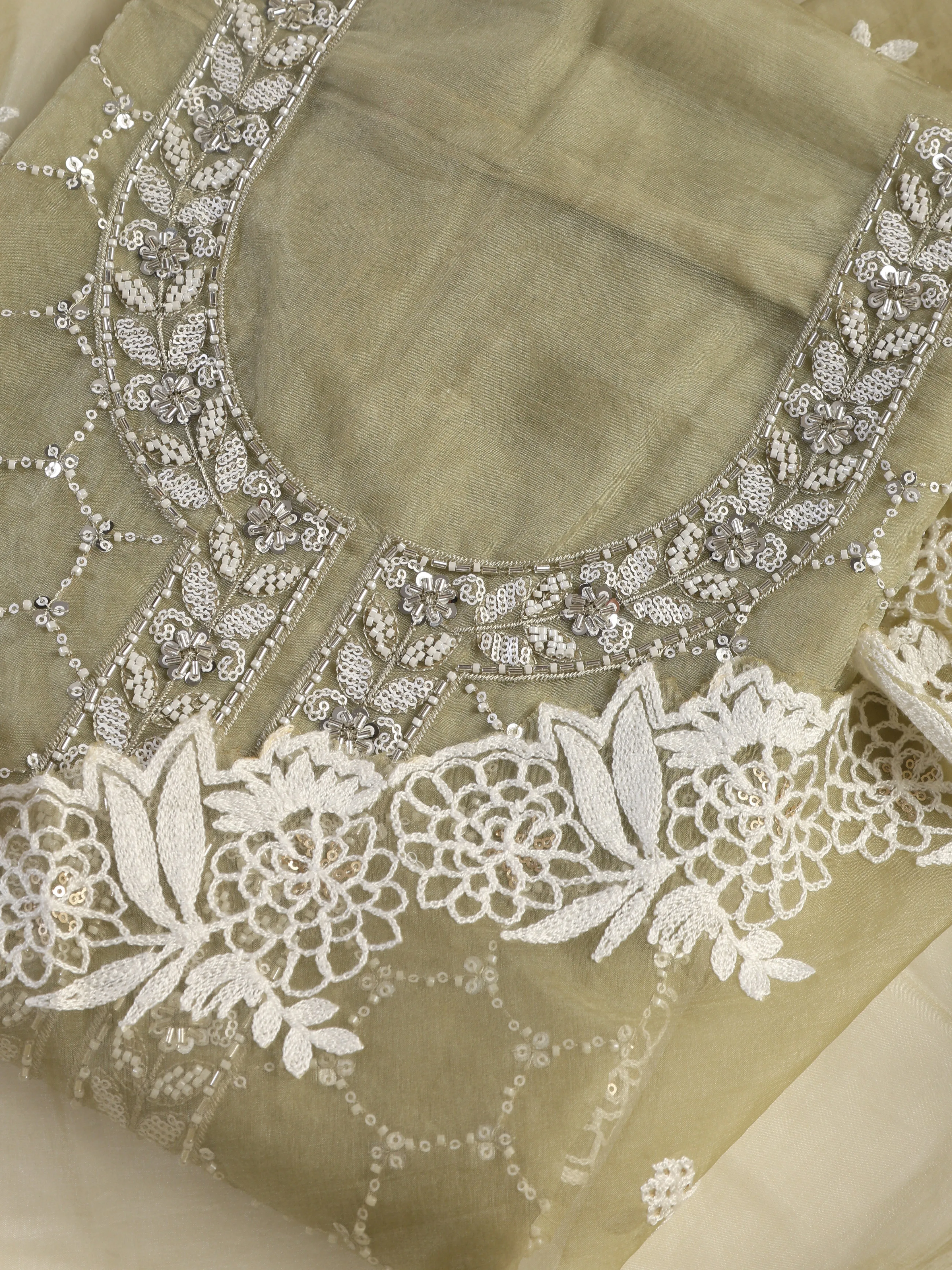3 Pc Unstitched Suit SET - Fawn Beaded and Embroidered Organza Kurta and Border Dupatta with Cotton Pyjama