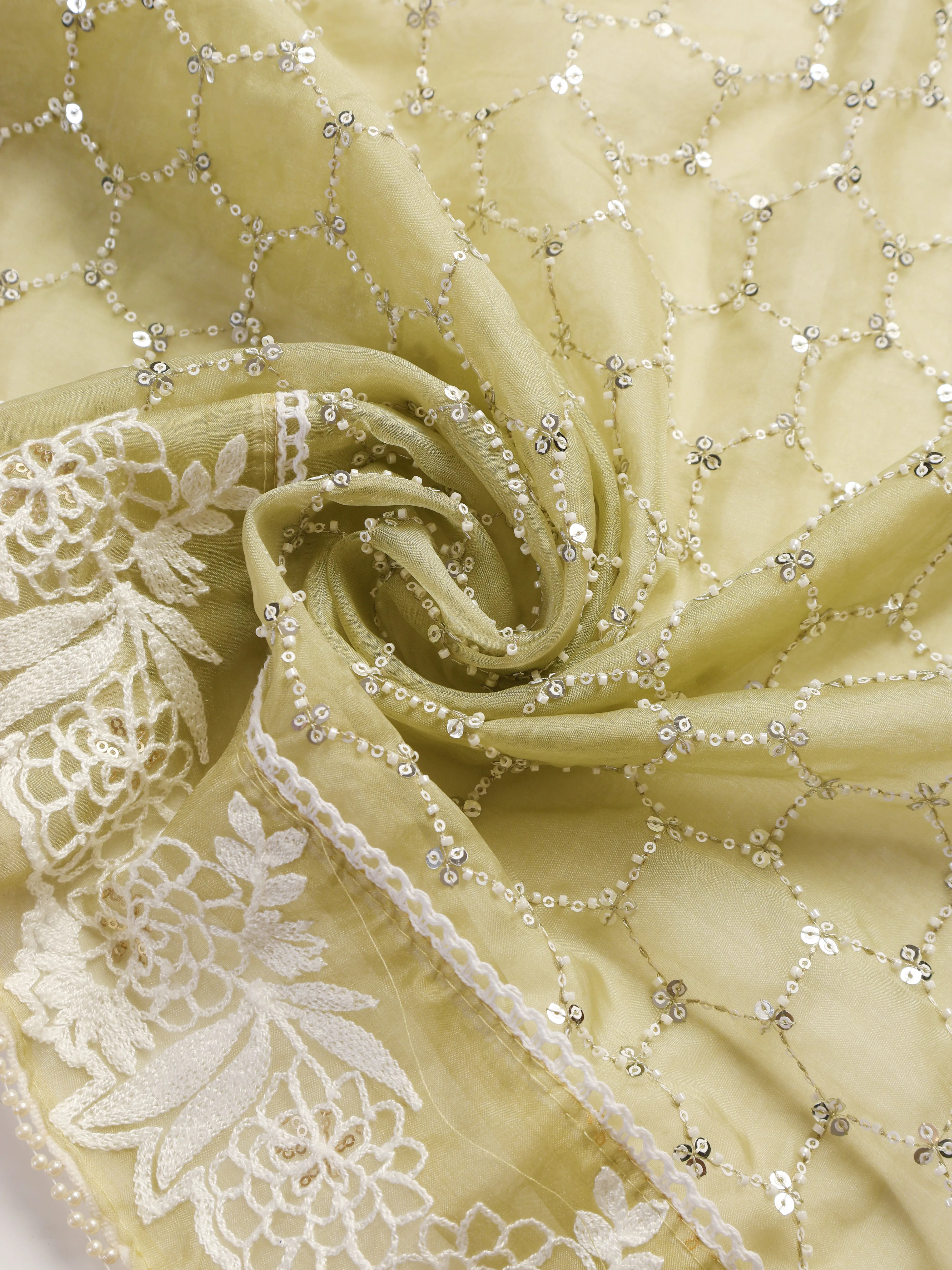 3 Pc Unstitched Suit SET - Fawn Beaded and Embroidered Organza Kurta and Border Dupatta with Cotton Pyjama