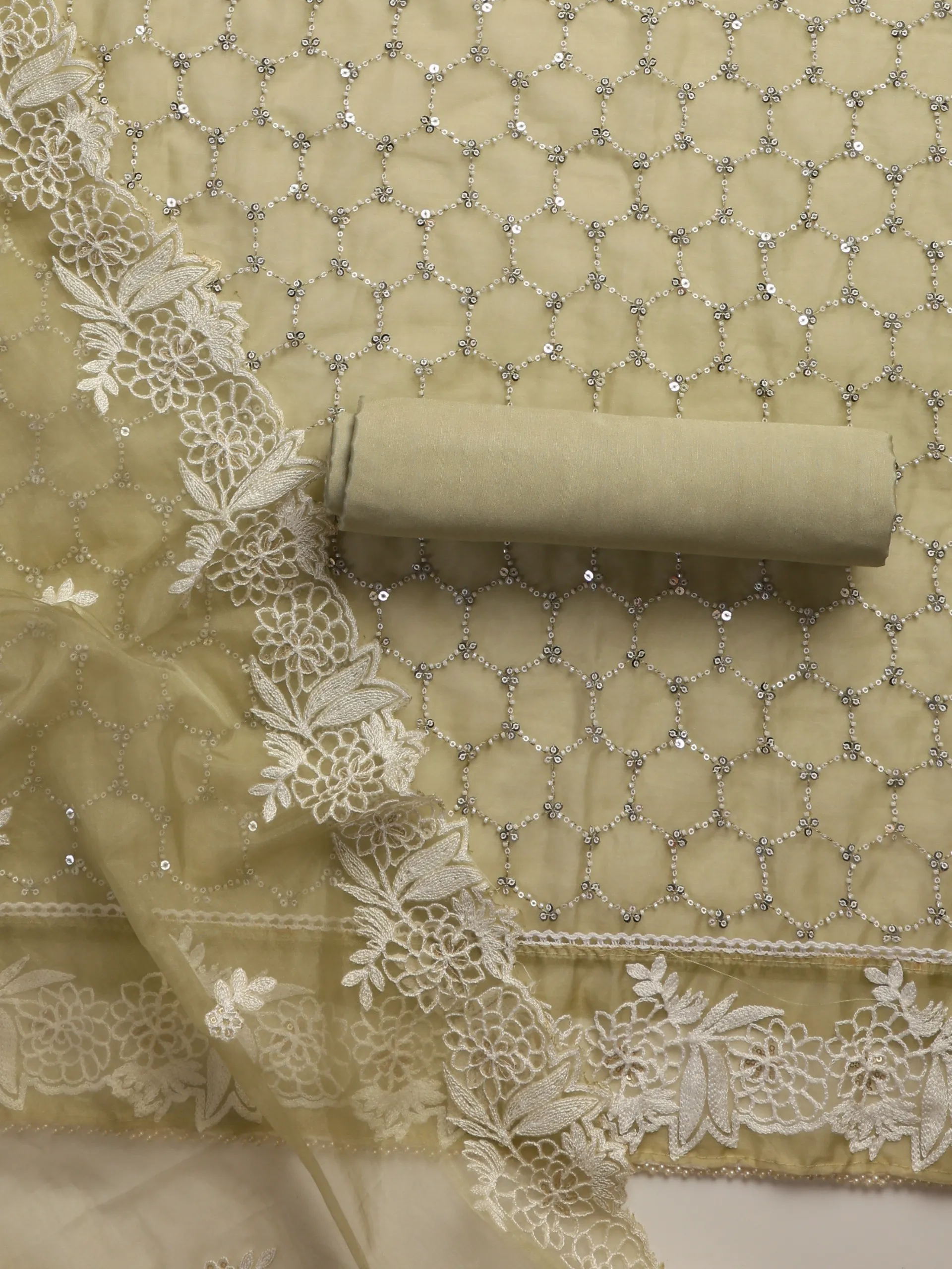 3 Pc Unstitched Suit SET - Fawn Beaded and Embroidered Organza Kurta and Border Dupatta with Cotton Pyjama
