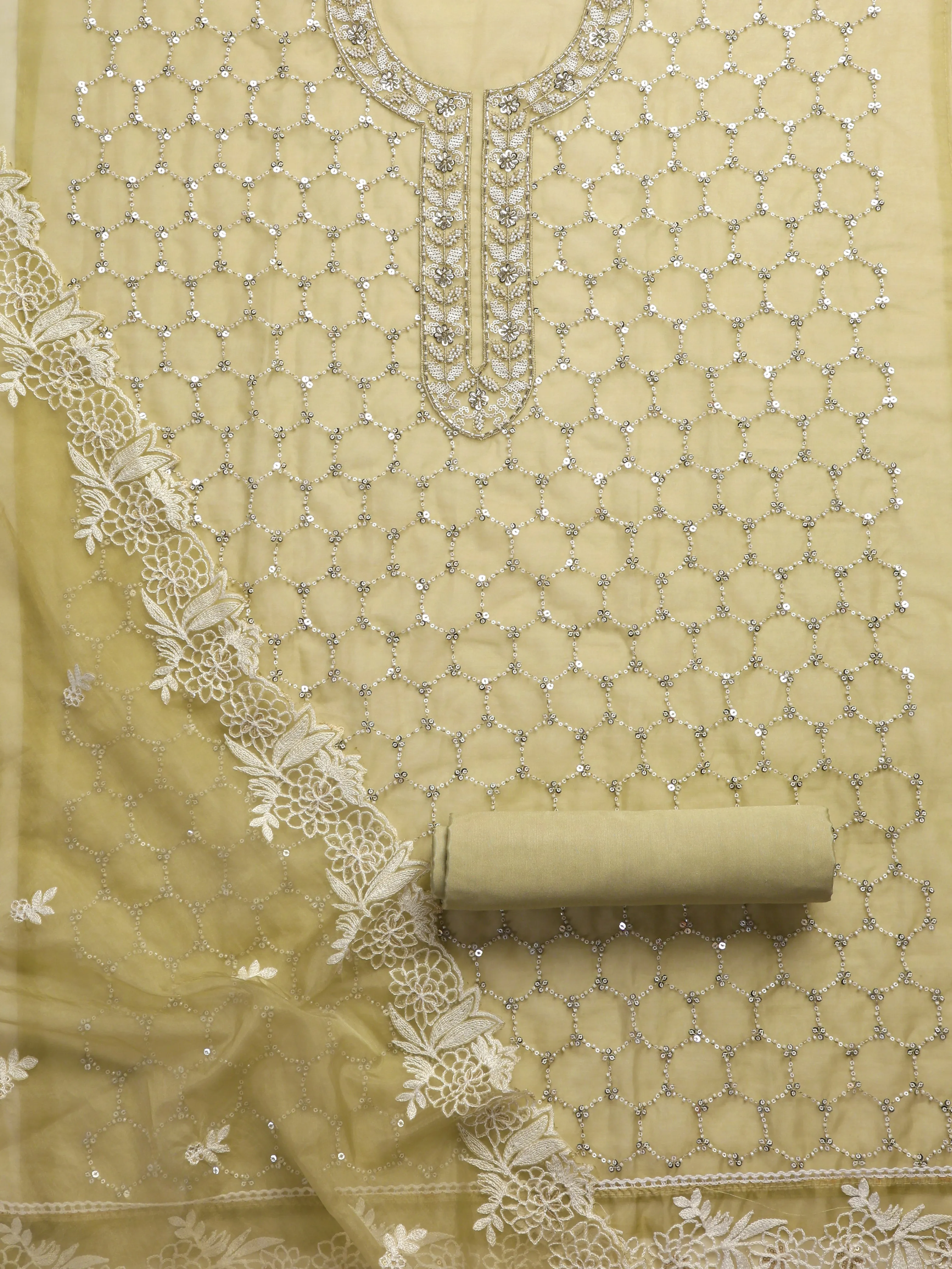 3 Pc Unstitched Suit SET - Fawn Beaded and Embroidered Organza Kurta and Border Dupatta with Cotton Pyjama