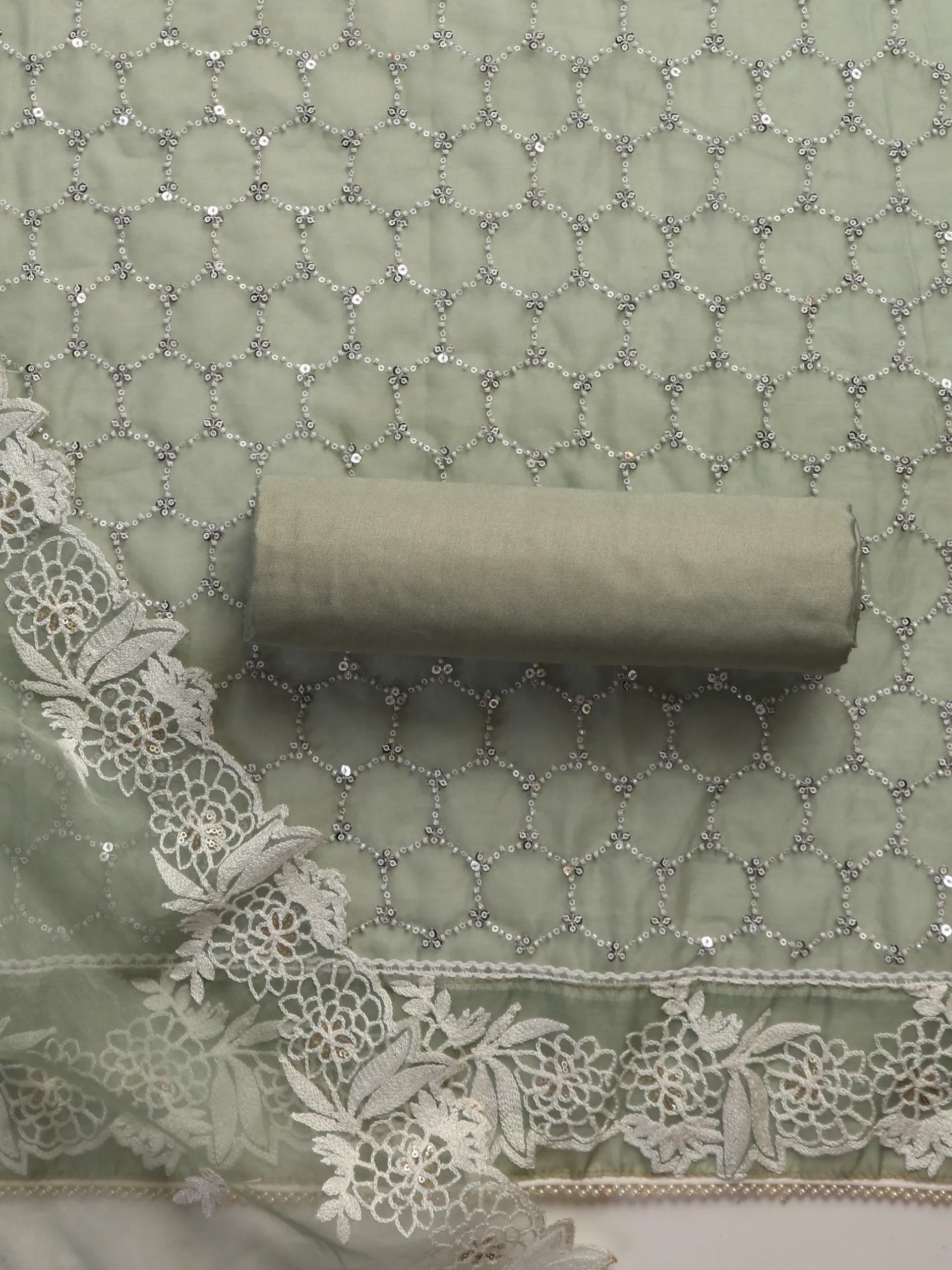 3 Pc Unstitched Suit SET - Grey Beaded and Embroidered Organza Kurta and Border Dupatta with Cotton Pyjama