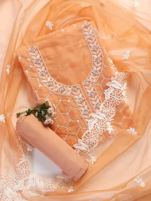3 Pc Unstitched Suit SET - Peach Beaded and Embroidered Organza Kurta and Border Dupatta with Cotton Pyjama