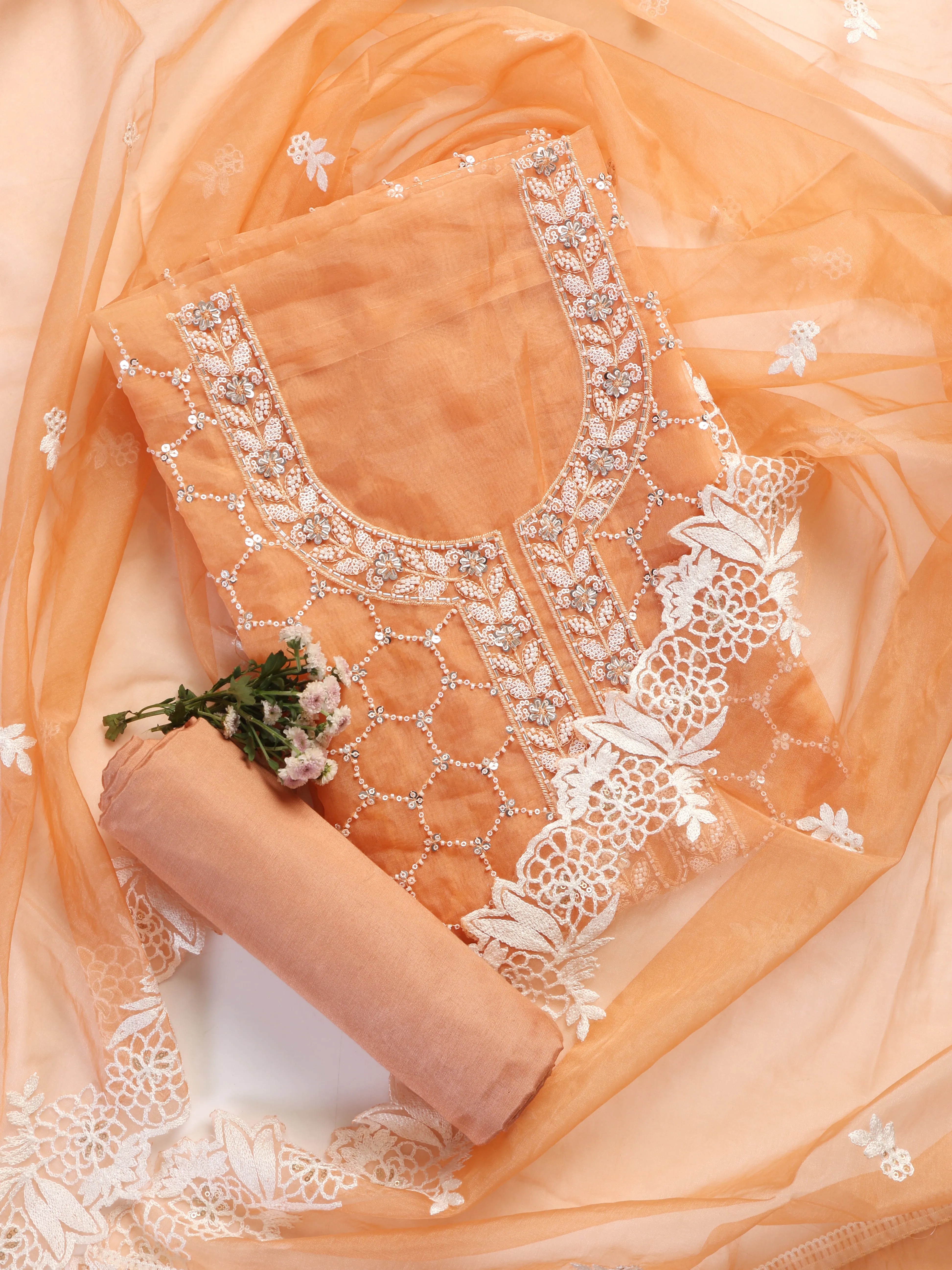 3 Pc Unstitched Suit SET - Peach Beaded and Embroidered Organza Kurta and Border Dupatta with Cotton Pyjama
