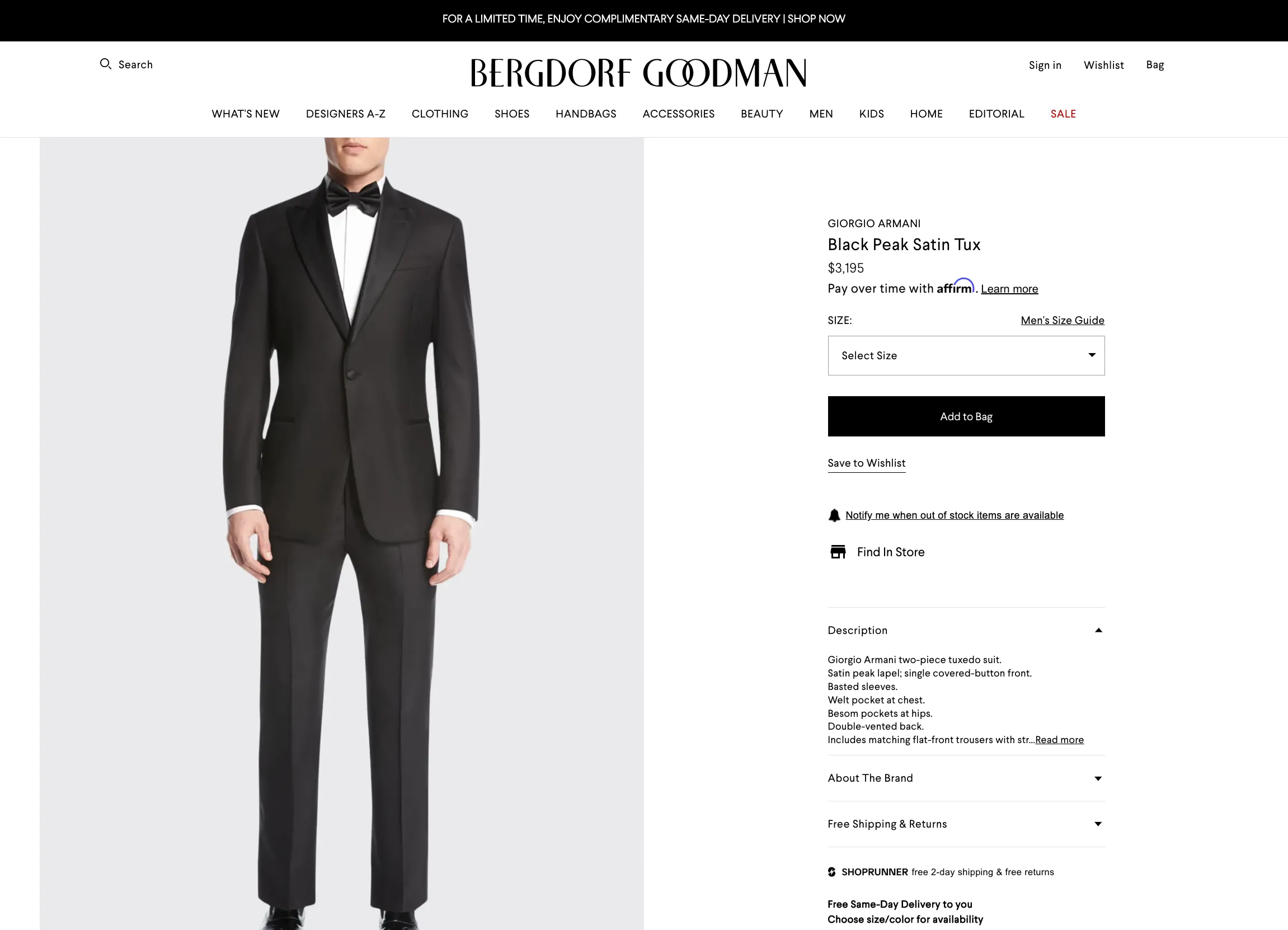 $3,995 GIORGIO ARMANI - "SOFT" Black SILK LINED 160's Peak Lapel Tuxedo - 48R