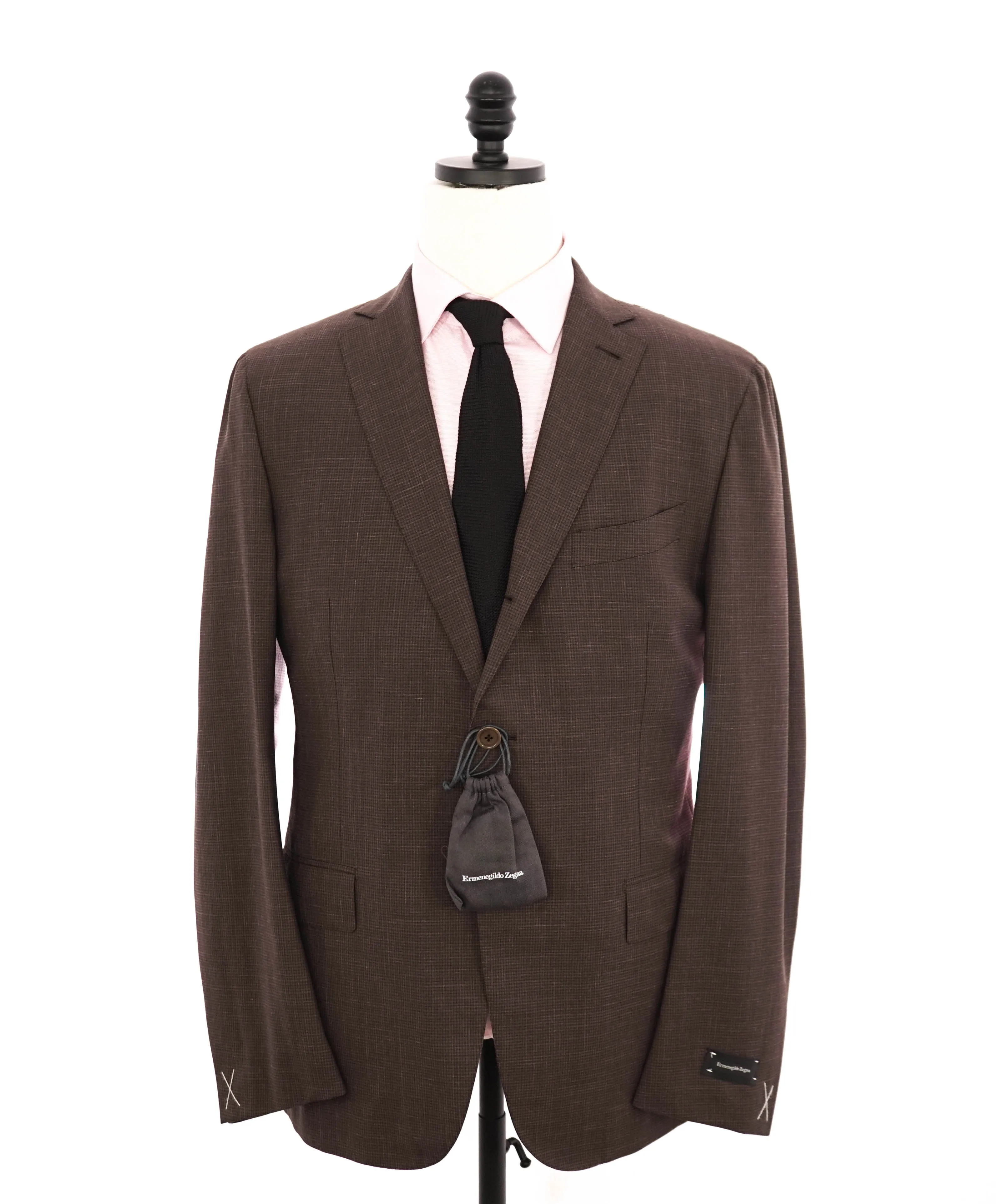 $4,295 ERMENEGILDO ZEGNA -Brown Micro Check 2/3 Roll LINEN Suit - 44R