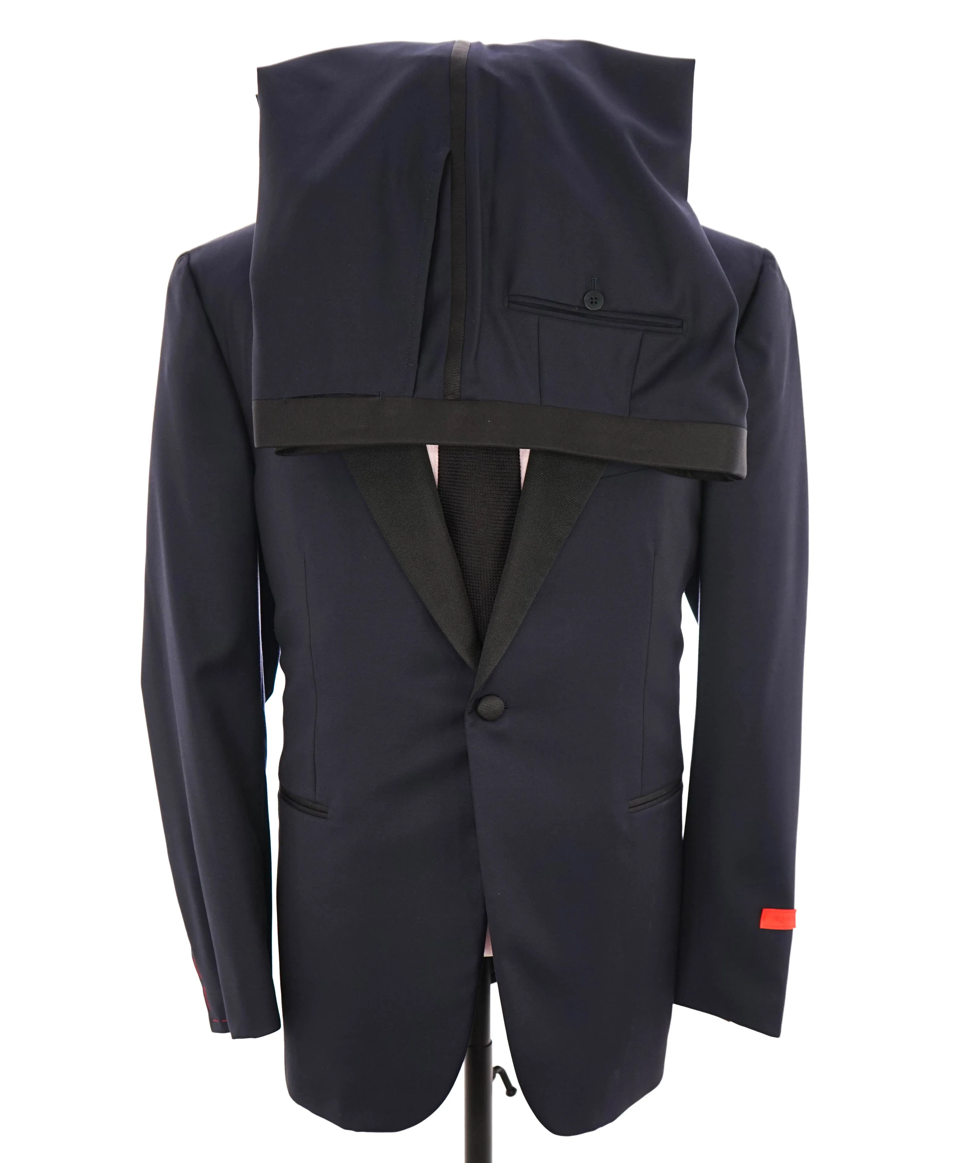 $4,595 ISAIA - "AQUASPIDER" Satin PEAK LAPEL Navy Blue Wool Tuxedo - 42R