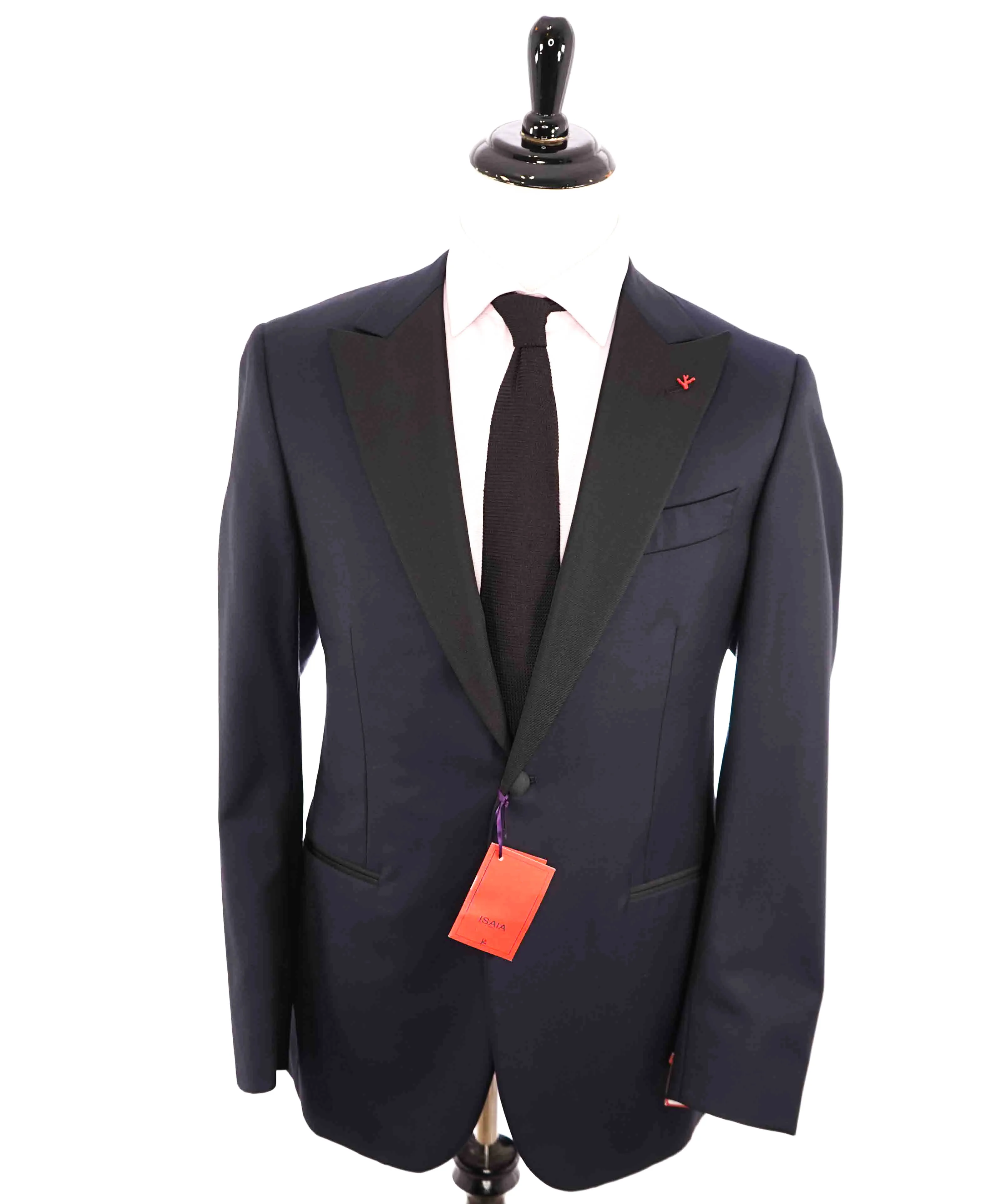 $4,595 ISAIA - "AQUASPIDER" Satin PEAK LAPEL Navy Blue Wool Tuxedo - 42R