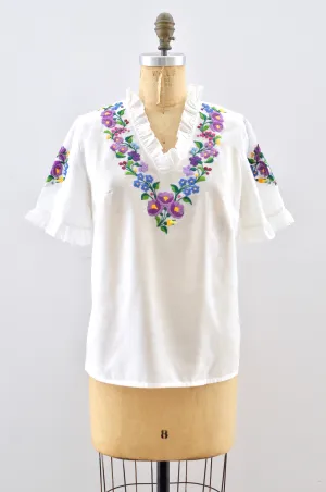 70's Embroidered Blouse / S