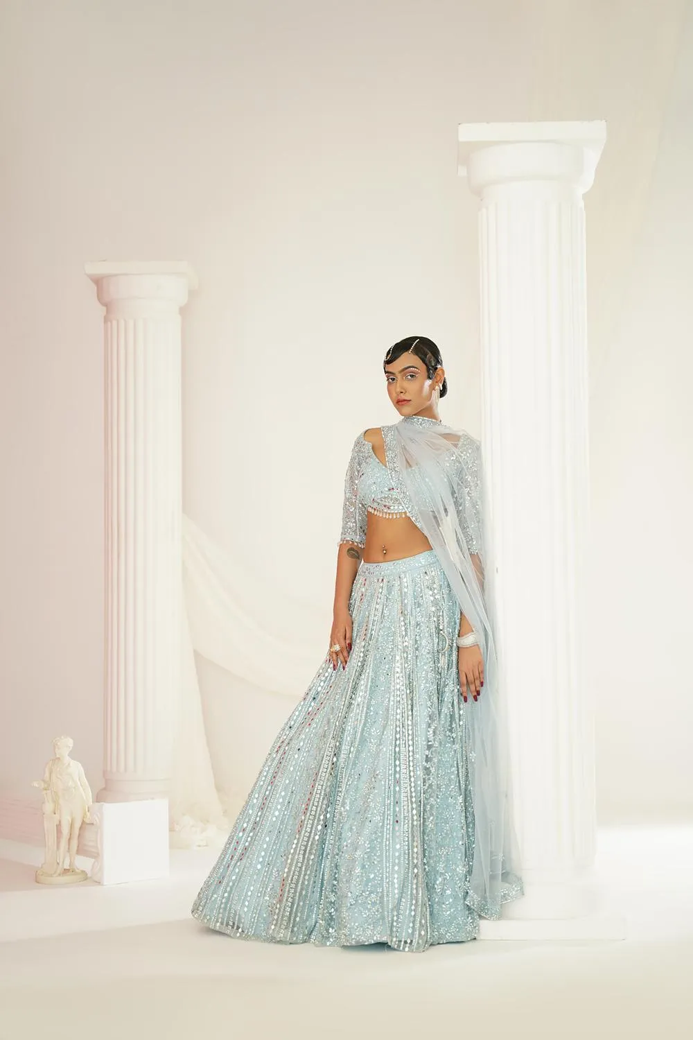 Aqua Blue Embellished Choli, Lehenga And Dupatta