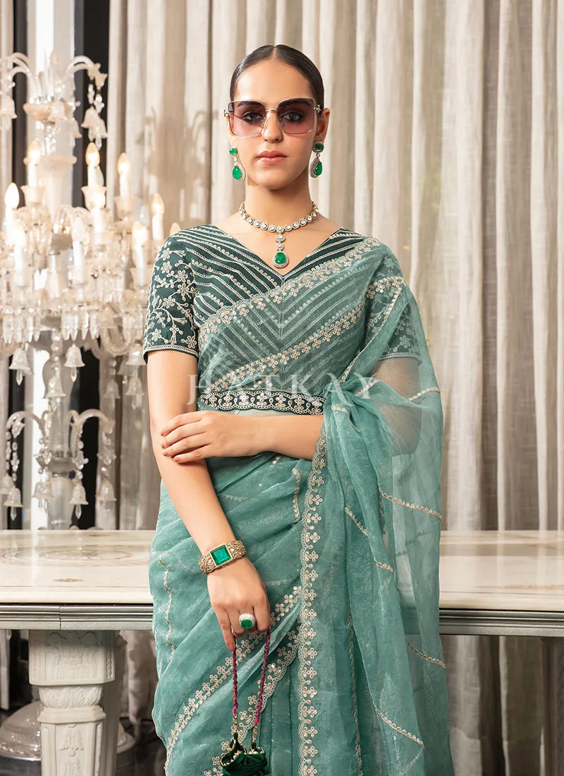 Aqua Blue Embroidered Organza Saree