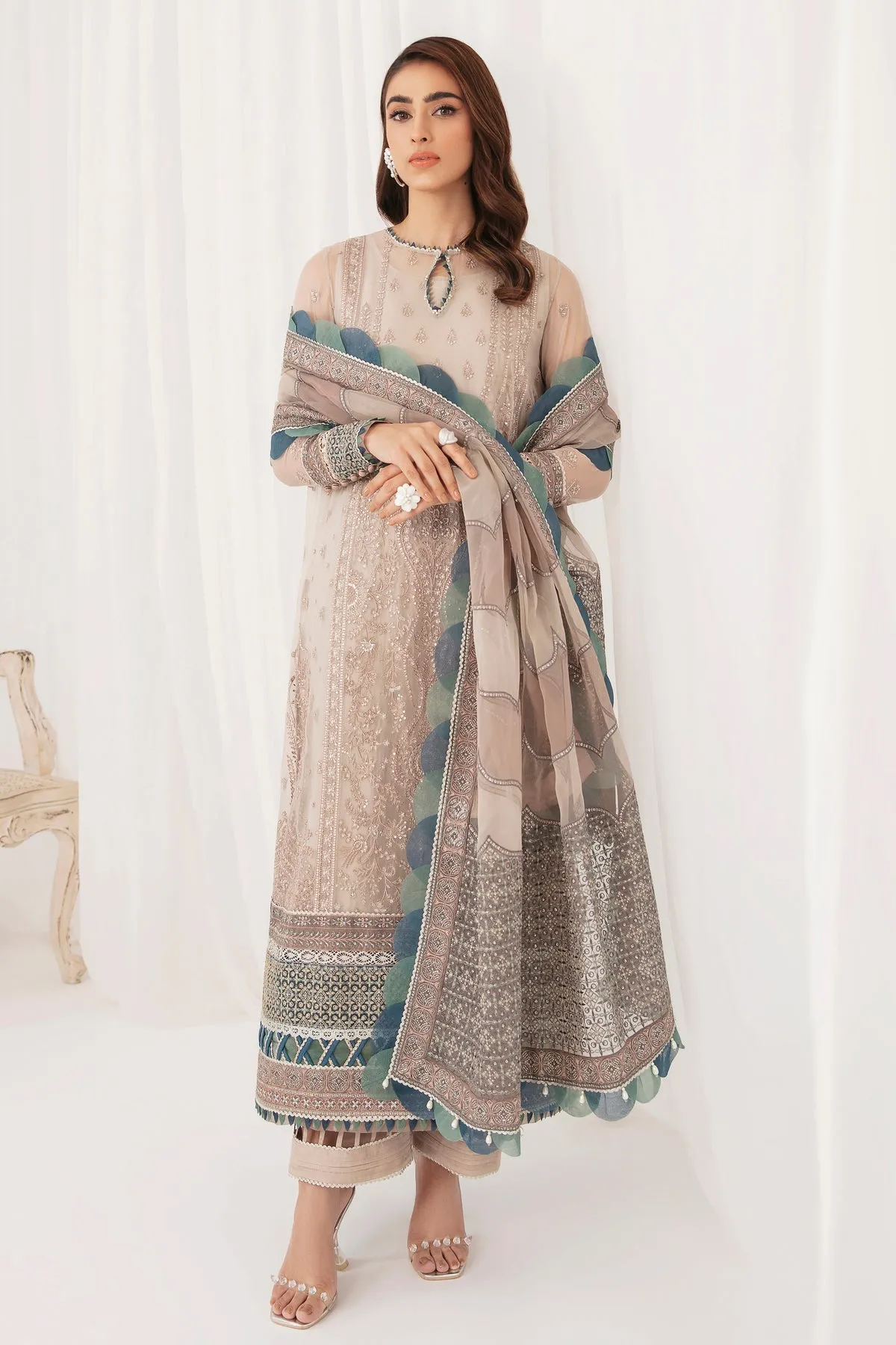Aqua Pink Heavily Embroidered Pakistani Salwar Kameez with Dupatta