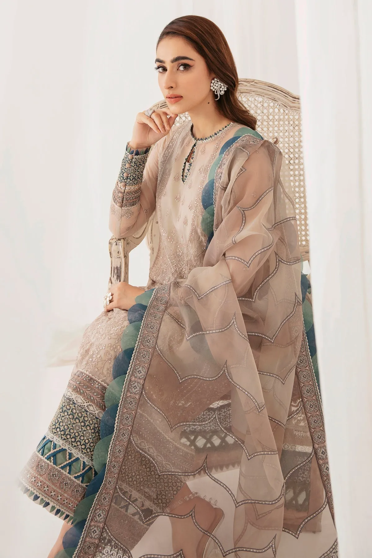 Aqua Pink Heavily Embroidered Pakistani Salwar Kameez with Dupatta