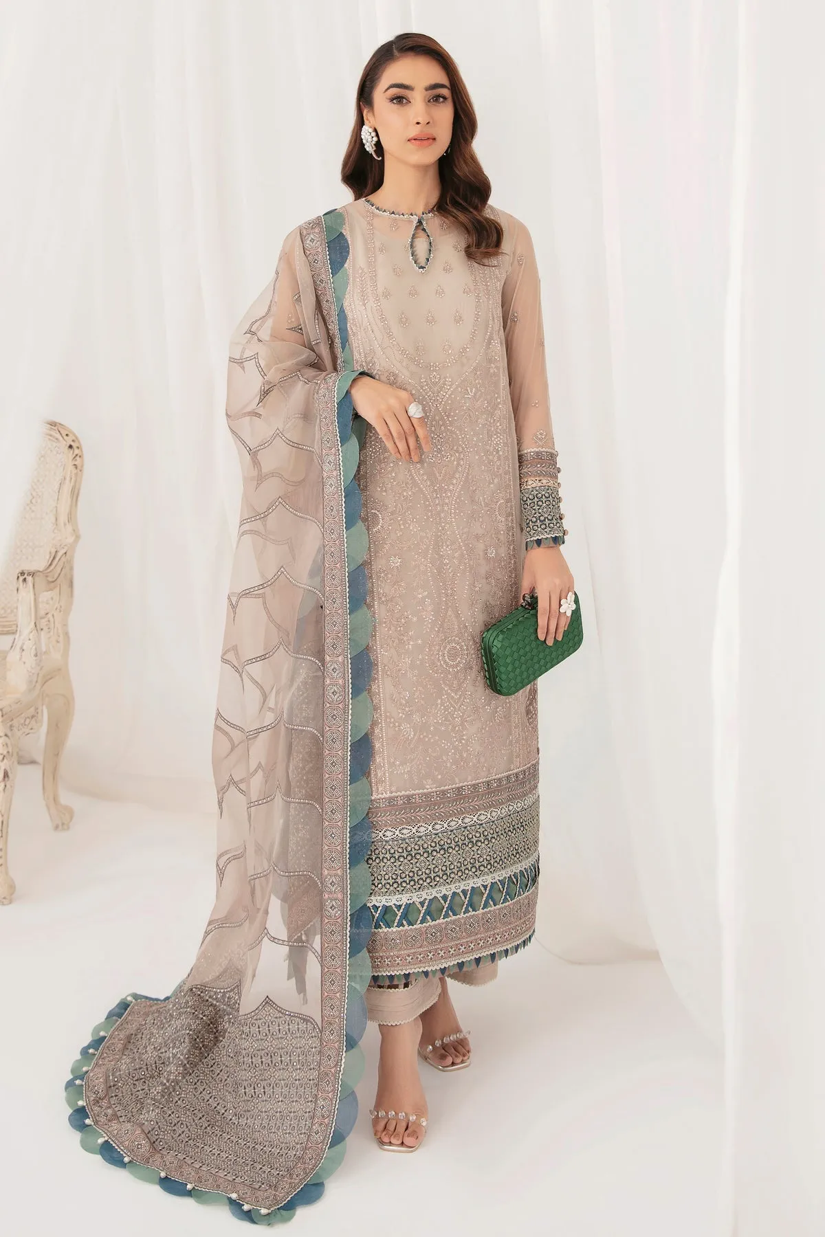 Aqua Pink Heavily Embroidered Pakistani Salwar Kameez with Dupatta