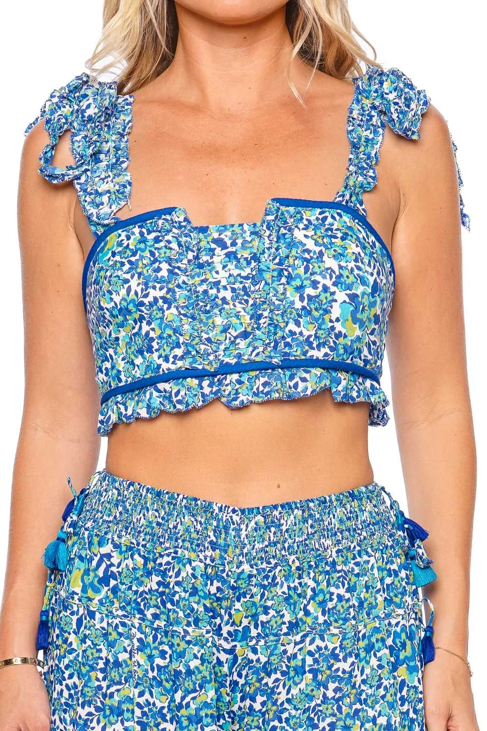 Ariane Blue Net Tie Shoulder Cropped Top