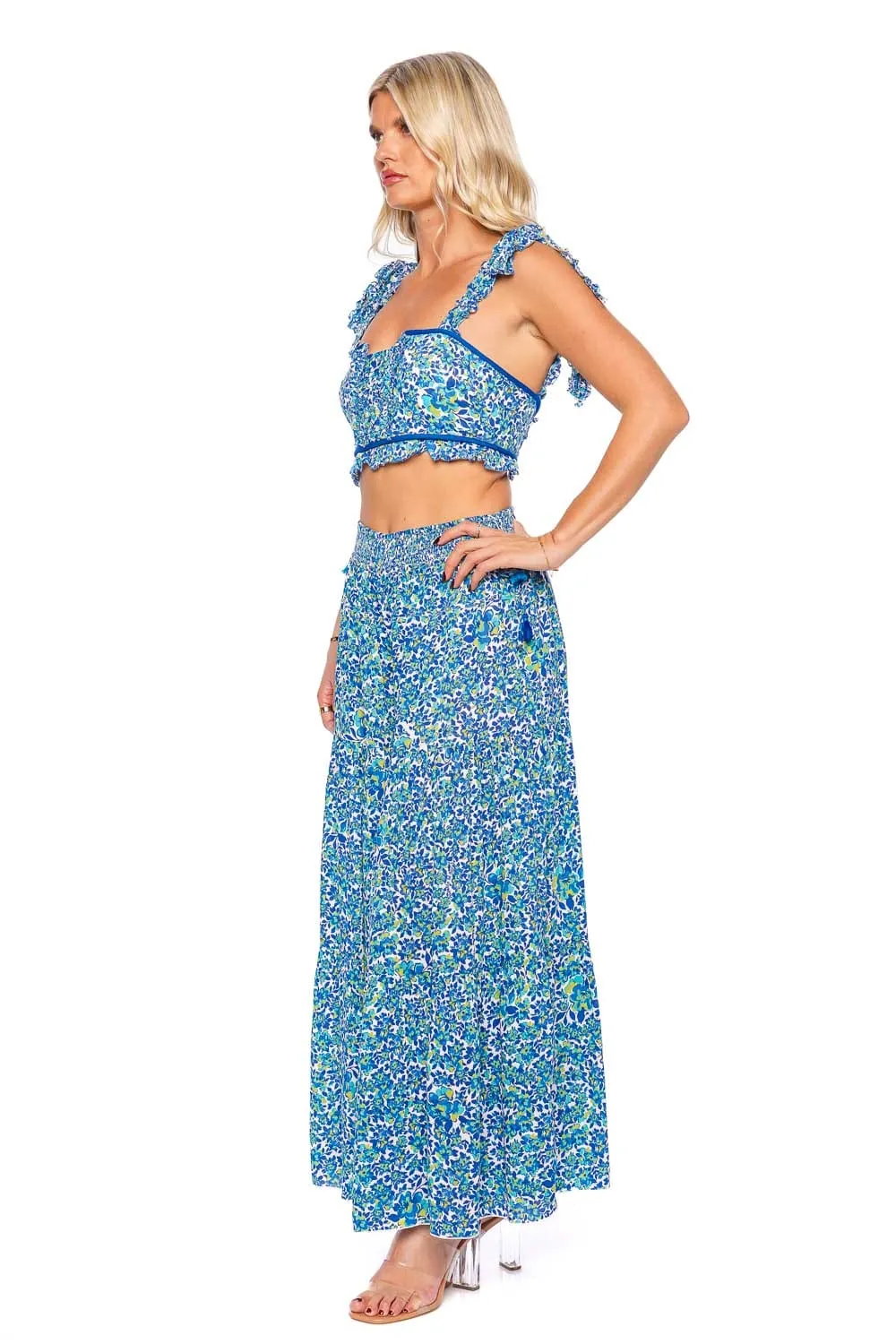 Ariane Blue Net Tie Shoulder Cropped Top